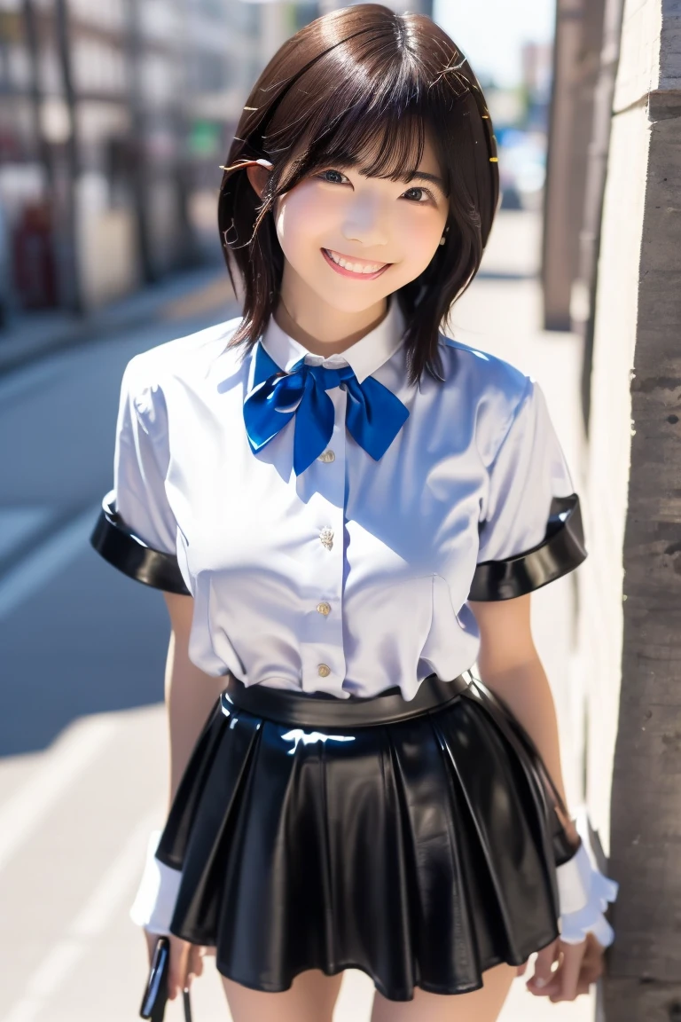 (8K、Raw photography、Highest quality、masterpiece:1.2),(Black Hair、Dark Eyes:1.9),(High school girls、school uniform:1.6)、View your audience,Viewed from the front,White skin,(Checkered Skirt:1.3)、(Tight waist:1.6)、(Clothes that accentuate the shape of the breasts:1.0)、(Big Breasts :1.3)、Slim figure、Ultra-high resolution,beautiful,beautiful fece,(One person、No background:1.9),whole bodyボディー,Japanese women,(reality的:1.37)、Photon Mapping,reality、(Baby-faced and cute: 1.2)、(Cute Smile: 1.8)、(Round face: 1.8)、Radio City、Physically Based Rendering、Depth of field rally background、photograph, (I can see your knees、Thigh close-up:1.8),(:1.6),whole body、Great quality