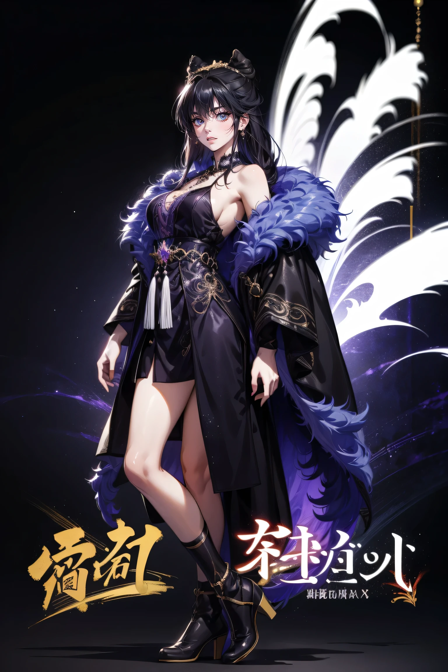  Masterpiece , best quality,  1 Xiao Wu ,  Face Color Looks Cool ,  Strong, Golden Left Eye , Red Right Eye , Long hair, Black hair,  Firm Eyes ,  Simple Uniform ,  Black Long Earrings ,  Chinese Morden Hybrid ,  Front Photo ,  simple background,  purple Background , Anime, illustration, Full body , bun hair , black fluffy animal coat on shoulders ,  girl , half body , big breasts and loliody , purple eyes 