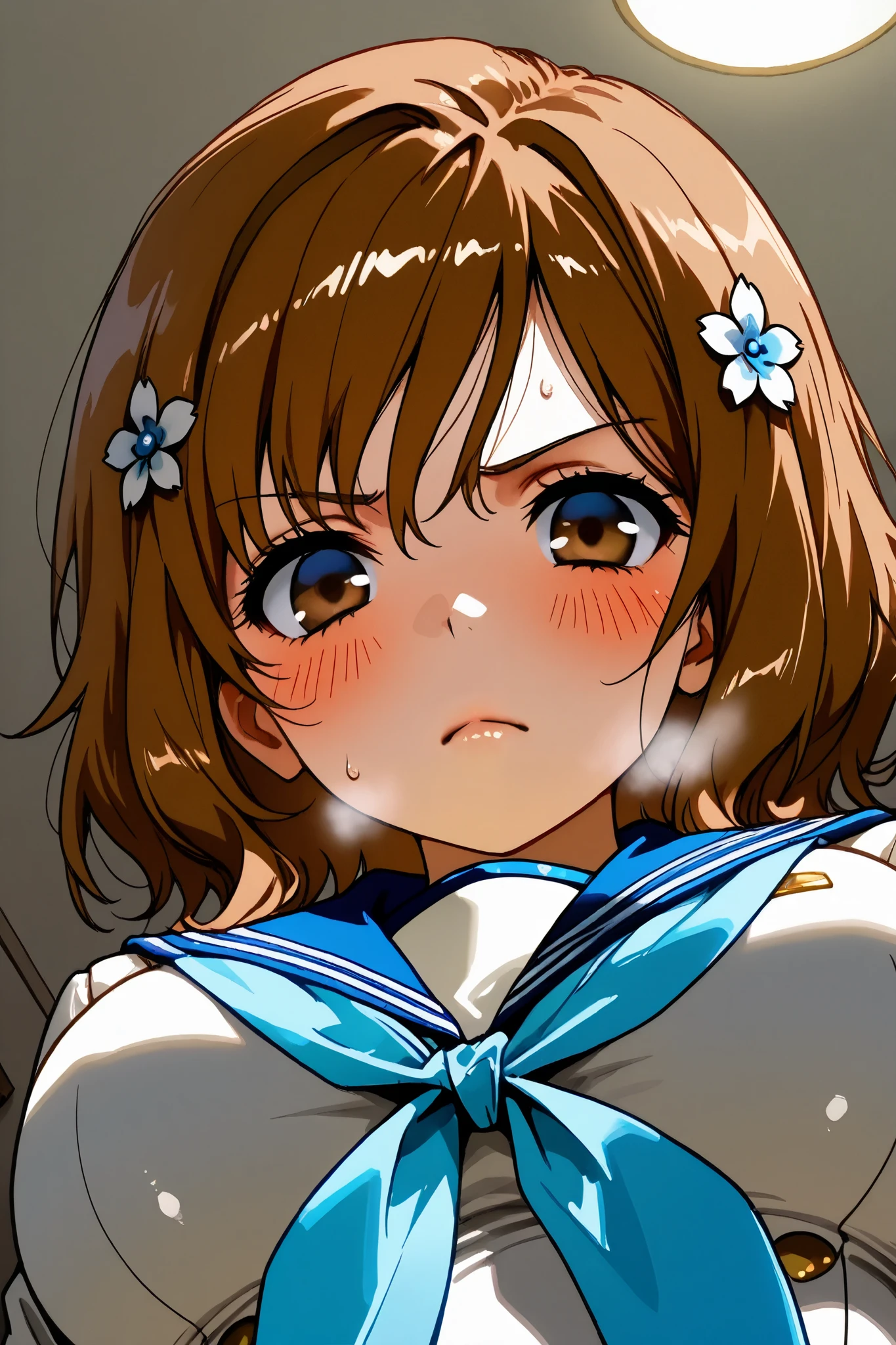 ohana_matsumae,1 female,solo,
short hair,brown hair,hair ornament,
brown eyes,flower,hair flower,
stupid hair,long hair,
pretty,large breast,nipple,
looking at viewer,I can see panties,
dutch angle,
blush,sweat,drool,white breath,
Incontinence,ecstasy,orgasm,climax,
feeling sexual pleasure,intense breathing,
Very angry,contempt,Discomfort,
tearful eyes,tearful face,
extreme close-up under the chest,
low angle,
sailor suits(1.3),school uniform,
neckerchief,blue neckerchief,long sleeve,
beautiful legs,thin thighs,thin calves,
nallow waist,
perfect face,beautiful skin,
anatomically correct,
masterpiece,highest quality,
high resolution,high definition,
ultra-detailed,anime,
indoors,on bed,bed room