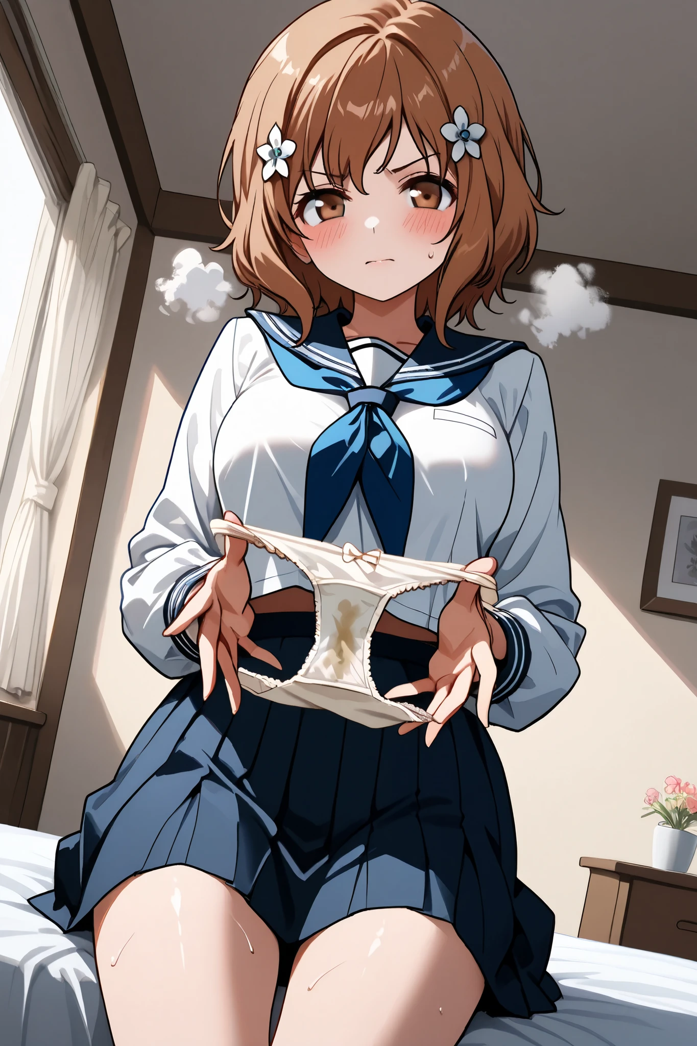 ohana_matsumae,1 female,solo,
short hair,brown hair,hair ornament,
brown eyes,flower,hair flower,
stupid hair,long hair,
pretty,large breast,nipple,
looking at viewer,I can see panties,
dutch angle,cowboy shot,
blush,sweat,drool,white breath,
Incontinence,ecstasy,orgasm,climax,
feeling sexual pleasure,intense breathing,
Very angry,contempt,Discomfort, tearful eyes,tearful face,
Extreme close-up,
Spreading underwear with hands, unwearing underwear, dirty panties,
sailor suits(1.3),school uniform,
neckerchief,blue neckerchief,long sleeve,
beautiful legs,thin thighs,thin calves,
nallow waist,butt close-up,
perfect face,beautiful skin,
anatomically correct,
masterpiece,highest quality,
high resolution,high definition,
ultra-detailed,anime,
indoors,on bed,bed room