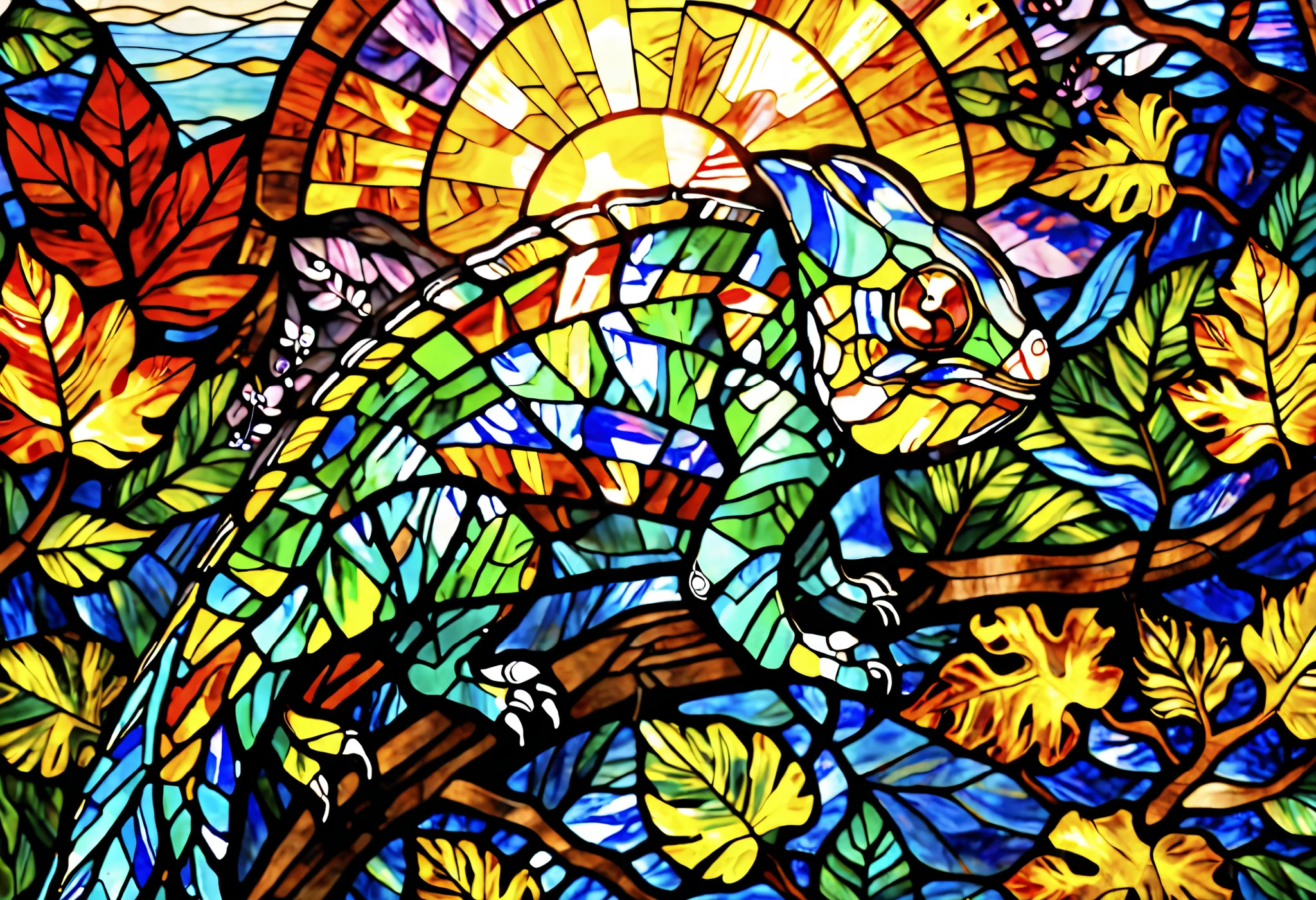 A vibrant and detailed stained glass artwork of a chameleon, intricately designed with colorful glass mosaic patterns. The chameleon is perched on a branch, surrounded by lush tropical leaves, with a warm, glowing sunset in the background. The stained glass effect enhances the vivid blues, greens, purples, and reds, creating a mesmerizing artistic composition. Light shines through the glass pieces, casting beautiful reflections and depth. The design is symmetrical and well-balanced, with sharp, high-resolution details, dynamic lighting, and a realistic stained glass texture.