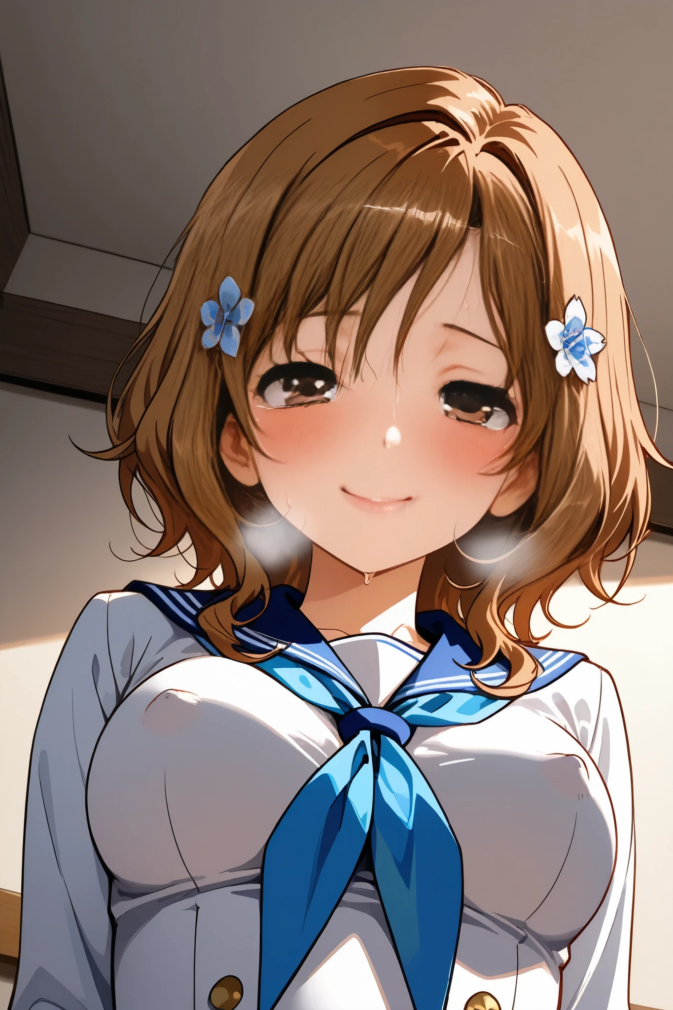 ohana_matsumae,1 female,solo,
short hair,brown hair,hair ornament,
brown eyes,flower,hair flower,
stupid hair,long hair,
pretty,large breast,nipple,
looking at viewer,dutch angle,
blush,sweat,drool,white breath,
Incontinence,ecstasy,orgasm,climax,
feeling sexual pleasure,intense breathing,
smile,tearful eyes,tearful face,
extreme close-up under the chest,
low angle,
sailor suits(1.3),school uniform,
neckerchief,blue neckerchief,long sleeve,
beautiful legs,thin thighs,thin calves,nallow waist,
perfect face,beautiful skin,anatomically correct,
masterpiece,highest quality,high resolution,
high definition,ultra-detailed,anime,
indoors,on bed,bed room