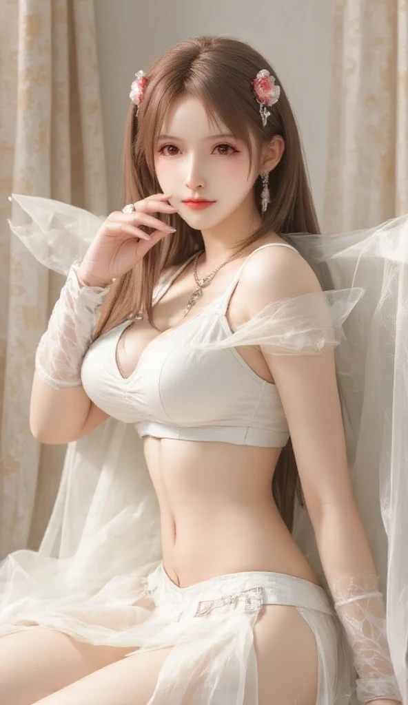 (8K,Best picture quality:1.2),(tmasterpiece:1.37),(photore,realisticlying:1.37),(超高分辨率),realisticlying,photographed,((Meticulous facial features)),A half body,Lolita Costume Outfit,Beautiful design,Shiny,huge tit,Slim body,(the angel's wings),undergarments,belly-bar,complex,Korea(High quality background inside ruined church empty at night) , (high detal) , 电影灯光