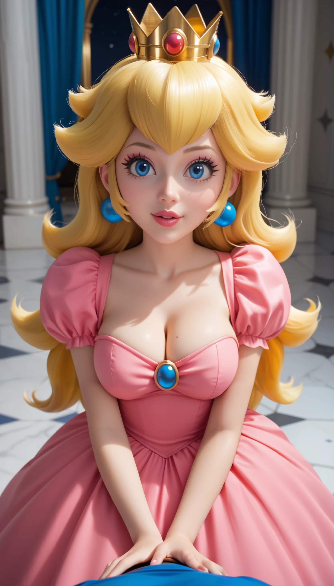 1girl, 1boy, pov hugging breast press, 18 years old, ((she is holding a luma (a star from mario universe)), MPPeach, 1girl, blonde hair, long hair, blue eyes, crown, dress, big boobs, cleavage, her pink dress, princess peach castle in the background, vivid colors