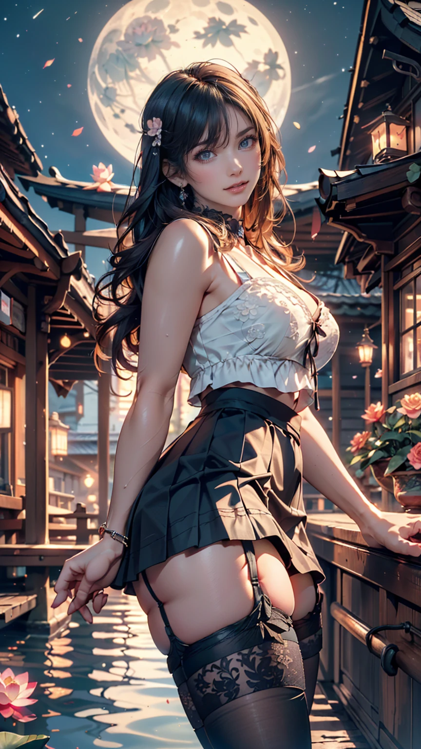 tall mature 23 year old gorgeous woman, wearing low waist short skirt, masterpiece, highly detailed, (loose skirt:1.4), (plaid:1.1), (plated:1.2), long legs, lace top, (smile:0.5), perfect detailed face, naughty face, detailed gorgeous eyes, (sensual sexy body), fantasy forest background, magic flowers, small flowers around, cleavage, navel, pale skin, long colorful hair, looking at camera, tall, bokeh, dark night, darkness, small moon