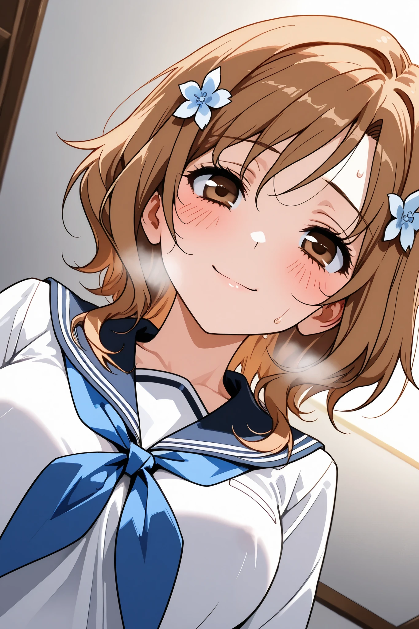 ohana_matsumae,1 female,solo,
short hair,brown hair,hair ornament,
brown eyes,flower,hair flower,
stupid hair,long hair,
pretty,large breast,nipple,
looking at viewer,dutch angle,
blush,sweat,drool,white breath,
Incontinence,ecstasy,orgasm,climax,
feeling sexual pleasure,intense breathing,
smile,tearful eyes,tearful face,
extreme close-up under the chest,
low angle,
sailor suits(1.3),school uniform,
neckerchief,blue neckerchief,long sleeve,
beautiful legs,thin thighs,thin calves,nallow waist,
perfect face,beautiful skin,anatomically correct,
masterpiece,highest quality,high resolution,
high definition,ultra-detailed,anime,
indoors,on bed,bed room