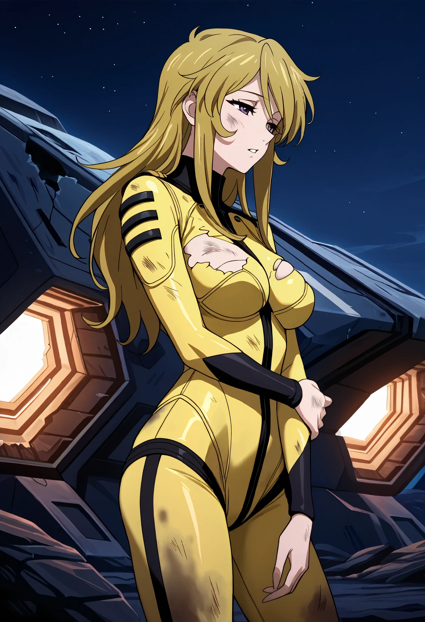 (masterpiece, best quality), , 1girl, fyuk1, solo, mori yuki, blonde hair, purple eyes, half-closed eyes, long hair, yellow_bodysuit, torn, dirty, a troubled face, parted lips, looking away, broken spacecraft, outdoor,  leaning, hand on own arm, standing, weakly, stumble , night, dark lighting,