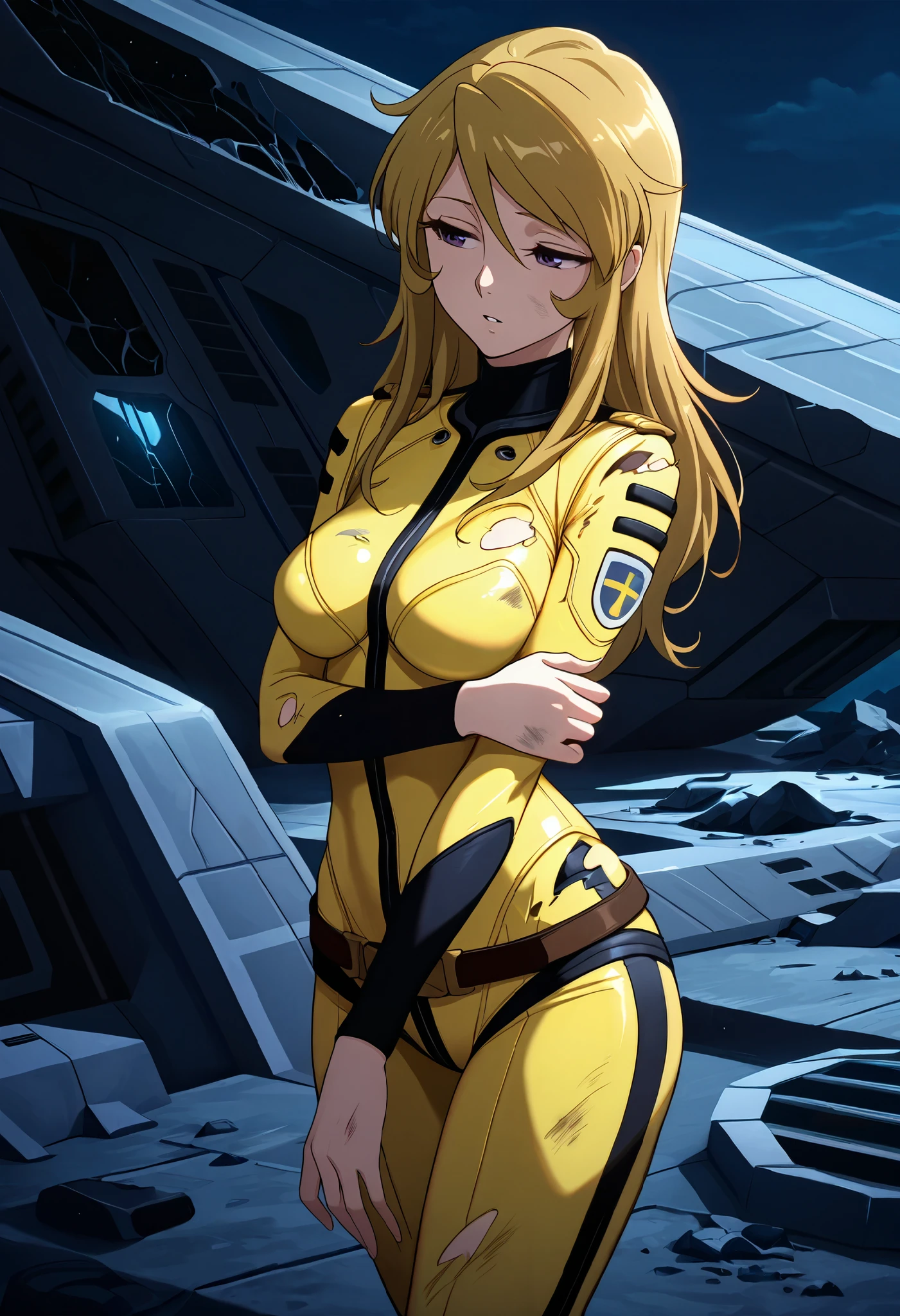 (masterpiece, best quality), , 1girl, fyuk1, solo, mori yuki, blonde hair, purple eyes, half-closed eyes, long hair, yellow_bodysuit, torn, dirty, a troubled face, parted lips, looking away, broken spacecraft, outdoor, leaning, hand on own arm, standing, weakly, stumble , night, dark lighting,