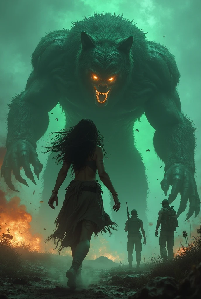a Monster black with red eyes grab a beautifull young girl , Village scenery in flames. 