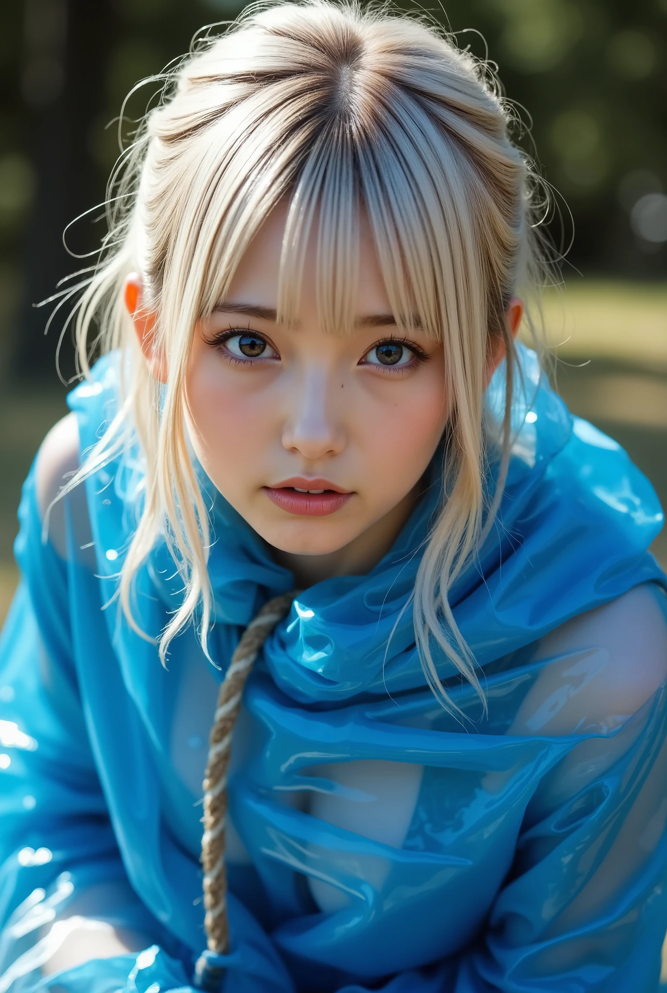 completely wrapped in blue plastic trash bags 、 a beautiful white blonde woman 、 tied tightly like a helpless human wrap tied with a rope。, she's completely covered in plastic , Forced against her will , Sunny Day, close-up
