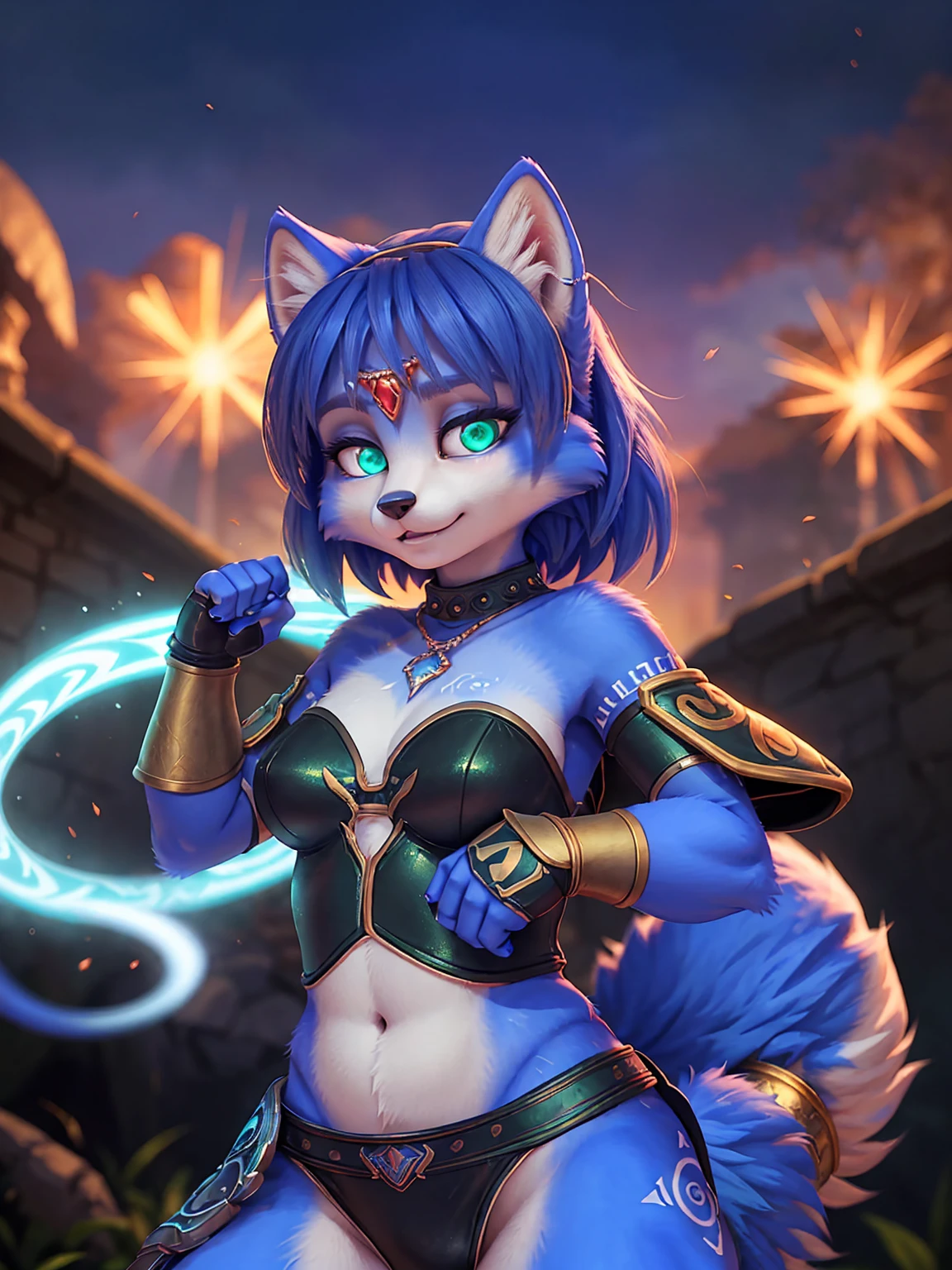 A beautiful and detailed (sweet picture) wa ((krystal)), Star Fox krystal, sslim, lovable, green eyes, medium breasts, (((Long blue hair 1.3))), Decollete, anthro, furry, Uploaded E621, detailed fluffy fur, (wa Fluff-Kevlar, Bayard Wu, Pino Daeni), detailed face, (fluffy), 1 girl, alone, sweet girl, (((hole body))), magician Outfit