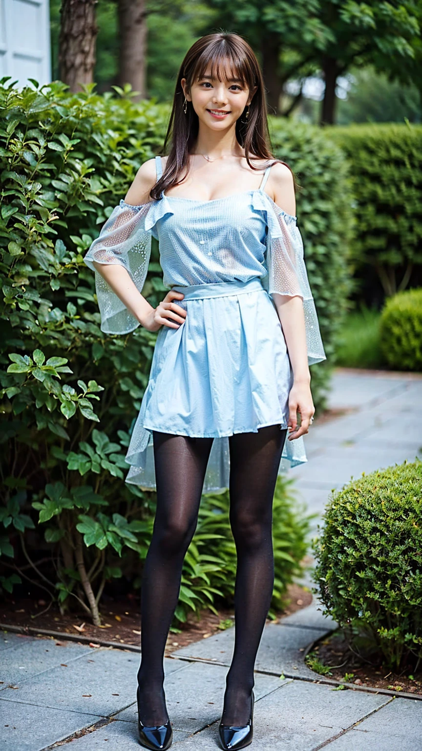 beautiful ginger smiling woman dressed in skirt blue jumper and tights shiny skin colour walking on the street