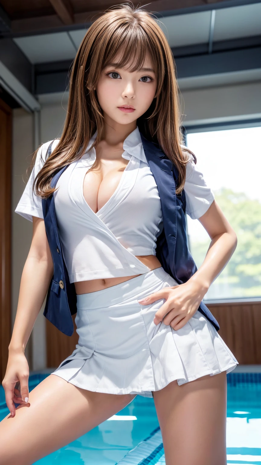(((32k,high detal,high-detail、masterpiece,Attention to detail,full body Esbian,独奏))),Raw photo & realistic atmosphere,beautiful dark blue eyes,Detailed mouth,Glossy lips,Detailed eyebrows,Eyes drawn in detail with soft white skin that shines with every detail、Very beautiful eyes with azure eyes,Detailed lips、Very beautiful face,Very well-formed face、Lifelike face,shiny beautiful lips,Beautiful eyebrows,Infinite reality,Japan High School Uniform Best Design, Realistic Young Gravure Idol,Very cute high school girl, , japanese girl school uniform, Japanese high school girl , Young Sensual Gravure Idol, Young Gravure Idol, Beautiful and cute15 year old schoolgirl,the whole body is wet,dripped out,with a flushed face,Tremendously beautiful15-year-old girl,natural soft light、The body is dripping wet,Sheer clothing,Brown shiny hair,Hair is wet,Dripping water,dripping(Don't wear skirts,bare-legged,,Wet and see-through white short sleeve shirt,summer clothing,Beautiful kind eyes,Looking at the camera:1.3),(((youthfulness,Beautiful smooth legs,Exposed thighs,Gentle smile,small shapely breasts,Immature body,Sexy Uniforms,short-cut,The chest is open))),(Shot from the air,From directly above,photographed,Facing up,Lie on your back and float on the water,Look up,Spread your arms and legs,lying on your back with a large body,Sleep soundly on your back,Body floating on the surface of the water,Beautiful breasts coming out of the water:1.5)