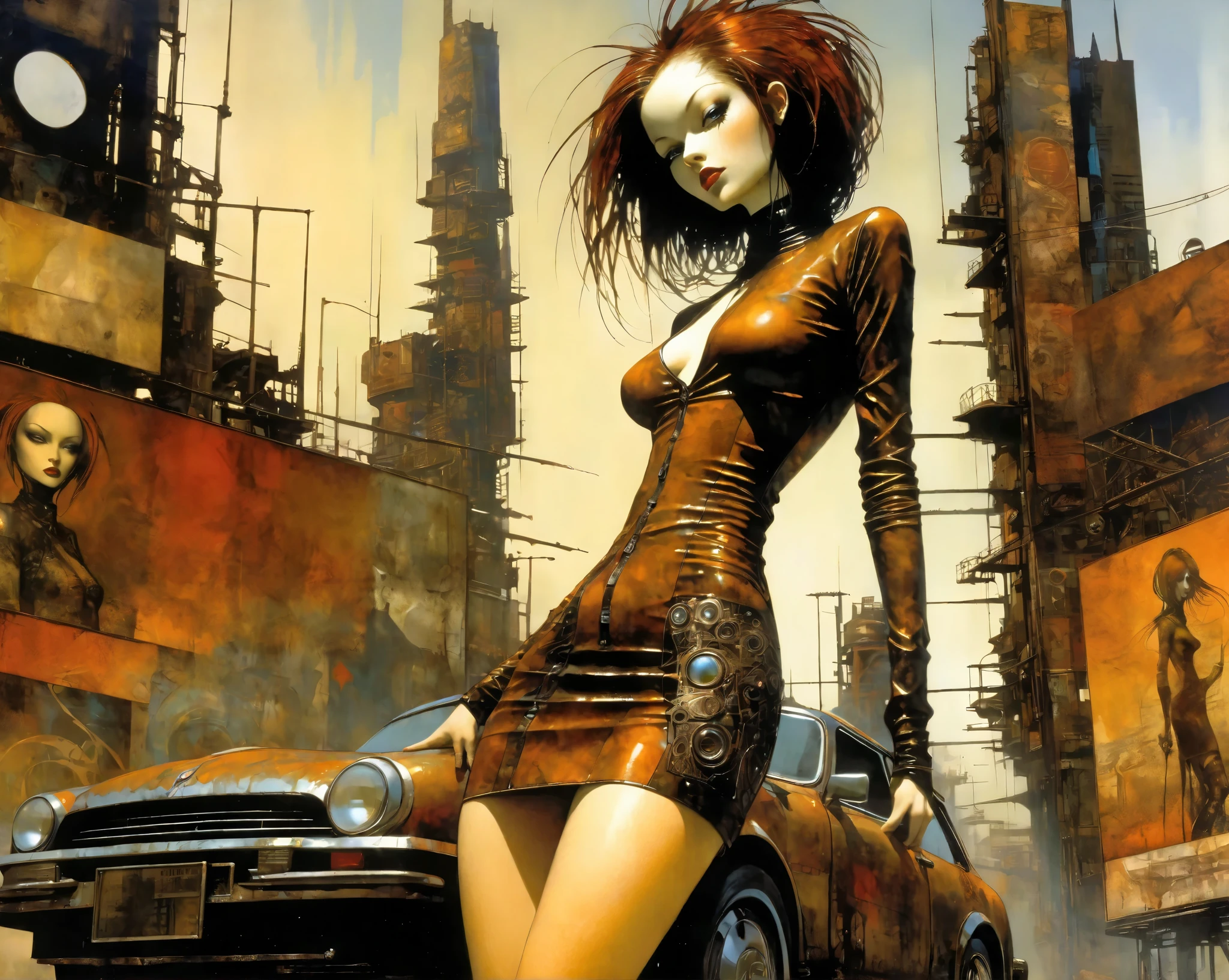 Future City Sexy Girl .1.5, Rust Metal City , Many details , car, building, Billboard, Leather Mini Skirt and Very Tight Longline Blouse, ( Art Inspired by Dave Mckean , Intricate Details , Oil Painting )