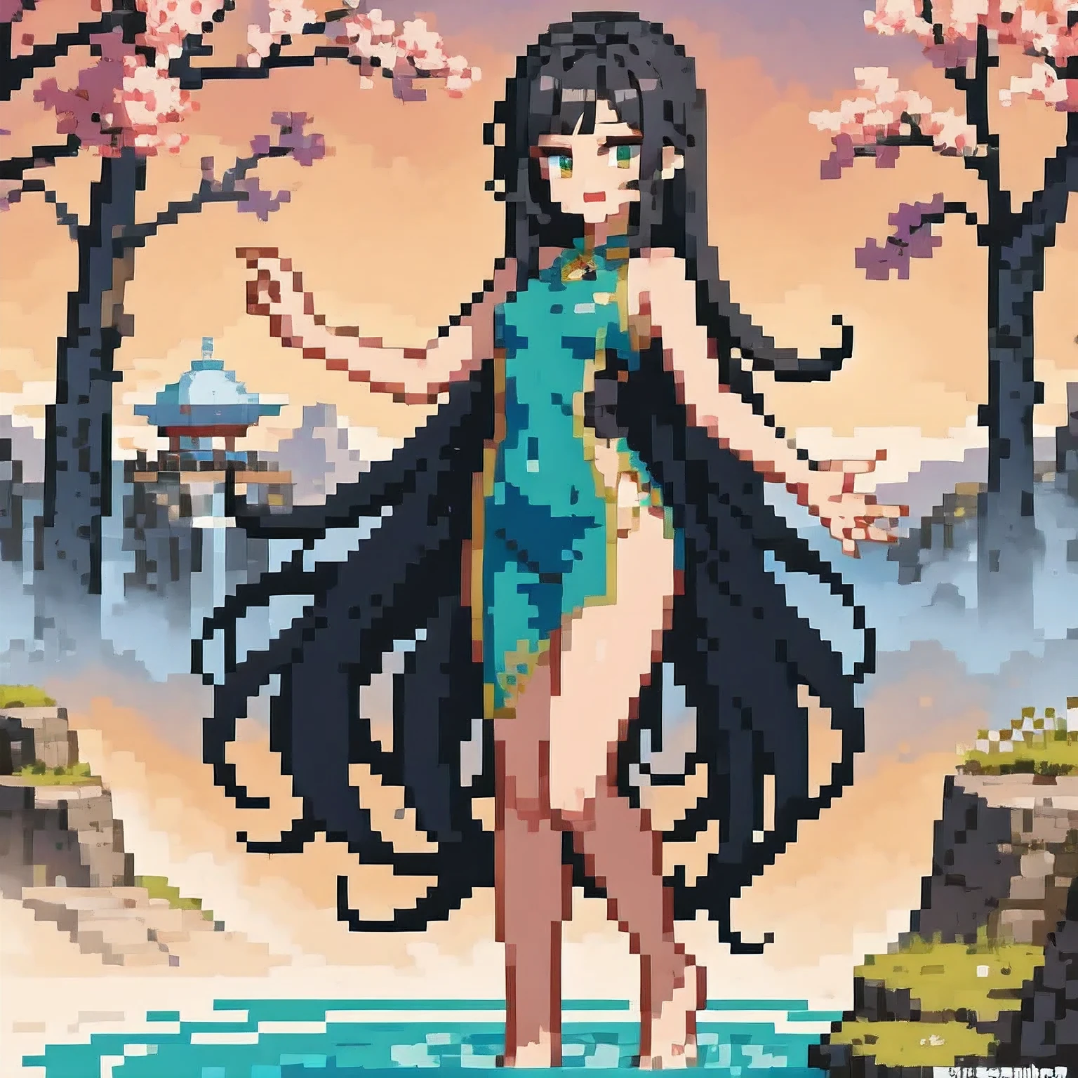 32 K(tmasterpiece,k hd,hyper H D,32 K)normal quality, jpeg artifacts, signature, watermark, extra fingers, fewer digits, extra limbs, extra arms,extra legs, malformed limbs, fused fingers, too many fingers, long neck, cross-eyed,mutated hands, polar lowres, bad body, bad proportions, gross proportions, text, error, missing fingers, missing arms, missing legs, extra digit, extra arms, extra leg, extra foot, ((repeating hair))Long flowing black hair,ponds,z ydink, a color, Asian people (Silly girl)