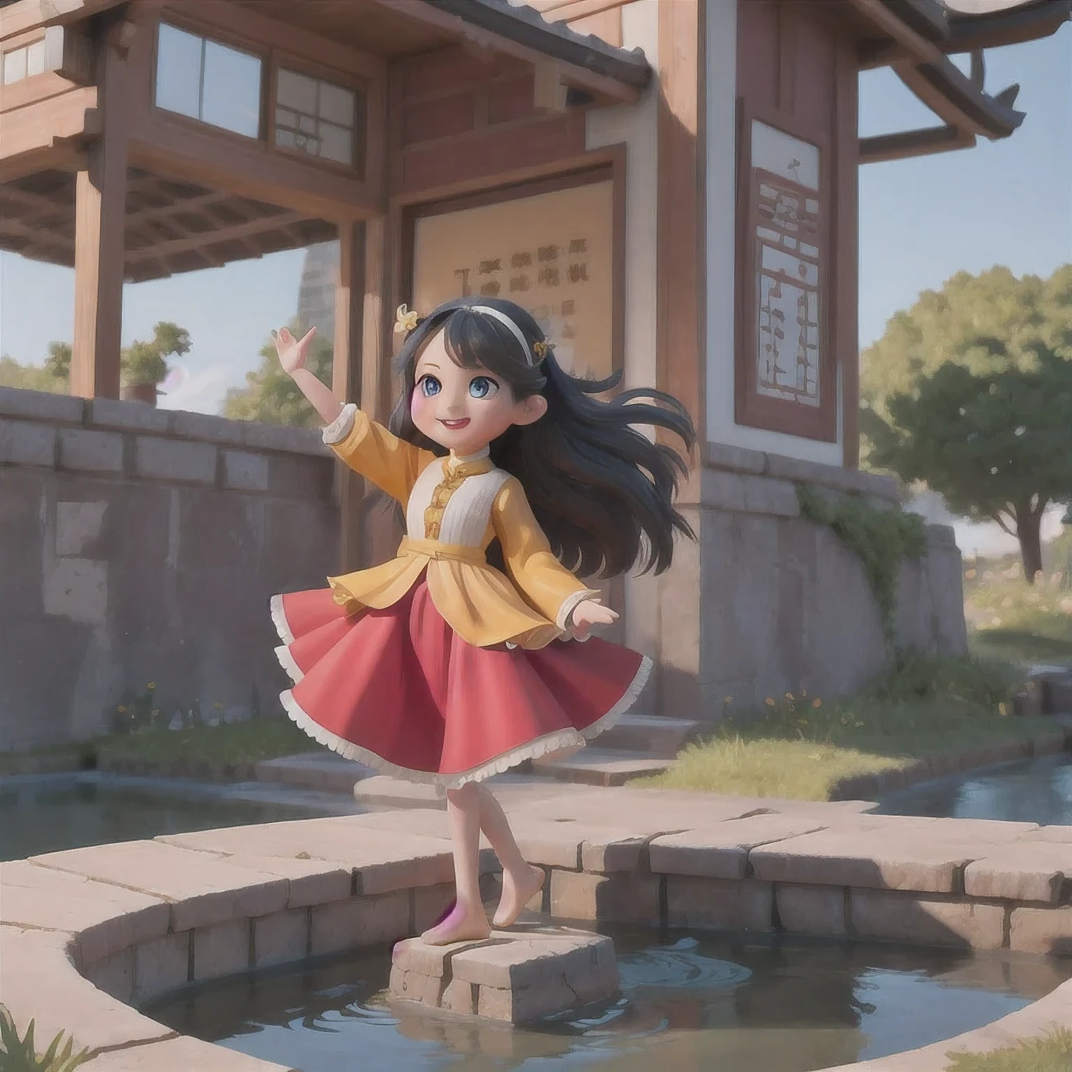 (Masterpiece),(Need),(Super meticulous),(all body:1.2),(6-year-old Tang dynasty poet Li Bai,Hanfu,Laugh,Stand beneath cliffs and waterfalls,chibi,full body,