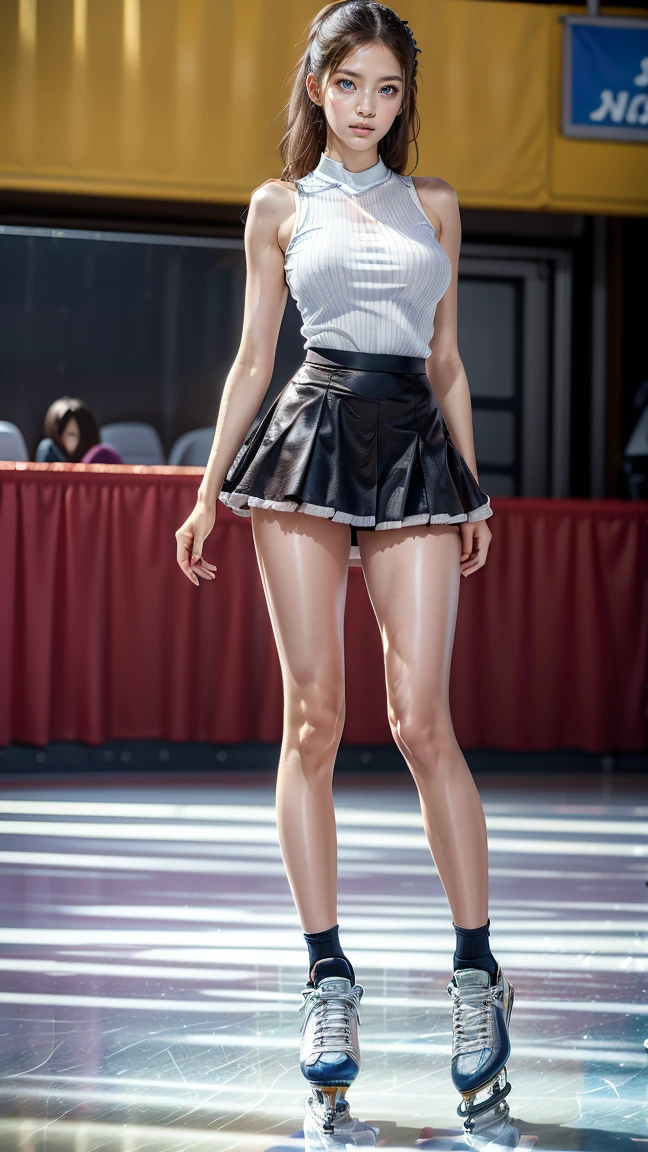 full figure, Jana novak 16 years old, lanky girl, very thin, blue eyes, short brown punk hair shaved on one side long in other side, high cheekbones, pointed nose, pointed chin, pretty, androgenic face, walking on the catwalk at a fashion show fashionable. (skimpy mini skirt:1.3)