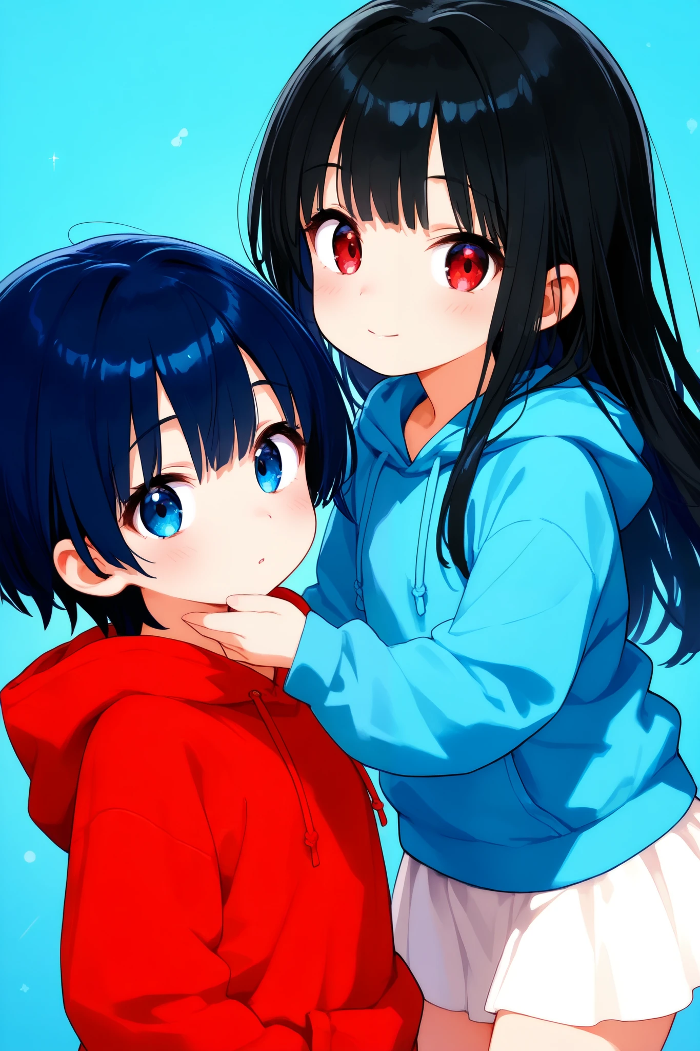 Anime, cute, 2d, girl, long black hair, blue back hair, blue cute eyes, blue hoodie, white skirt, and the girl has a boyfriend and they both have black hair and holding the, her boyfriend has cute red eyes, and red hoodie, they both holding black blue background,