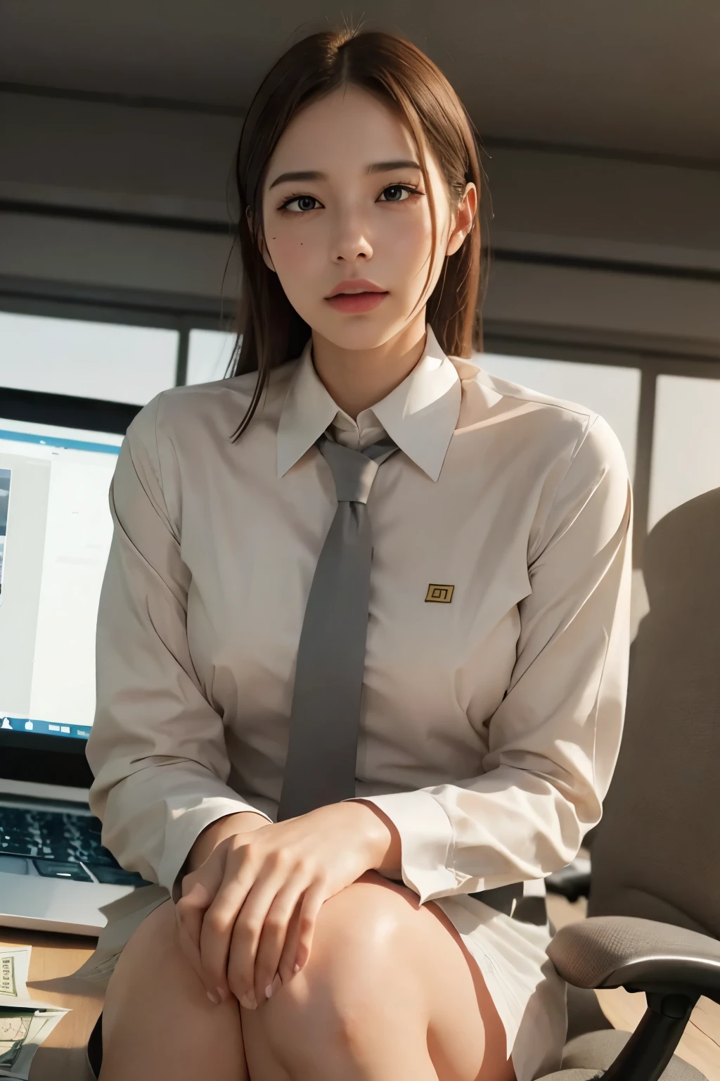 A photorealistic 3D render: a smart and confident cat trader wearing an elegant business suit and a crisp white shirt, sitting at a sleek laptop in a luxurious office. His paws rest neatly on the keyboard, and he looks focused. Surrounding him is a massive pile of money: stacks of dollar bills, gold coins, and shiny gold bars, dramatically illuminated by soft lighting. The atmosphere exudes financial success and power. High detail, cinematic lighting, realistic fur and fabric textures.