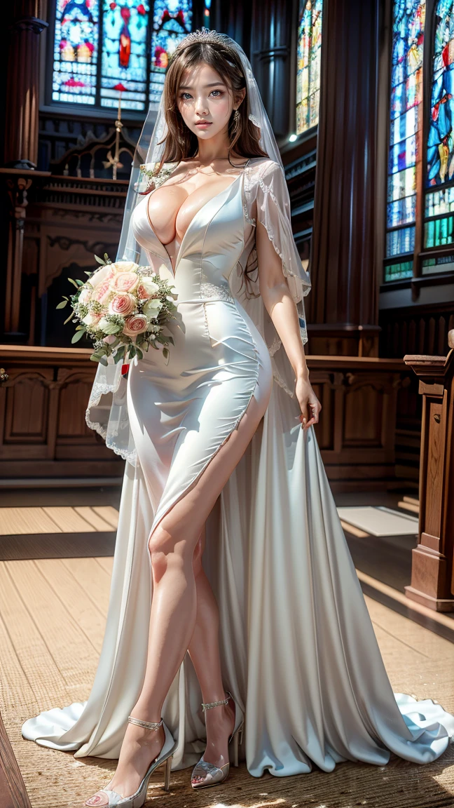 caustics, cinematic lighting, detailed, beautiful detailed eyes, NSFW: 2.0, 30 years old, dynamic pose)), ultra high resolution, ((cleavage)), fine skin, (cute: 1.2), clavicle, ((JPOP Idol)), ((attractive)), (Paul white wedding dress: 2.0, Wedding veil, wide steppe: 2.0, wedding, bride, holding one bouquet with both hands: 2.0, blonde hair))