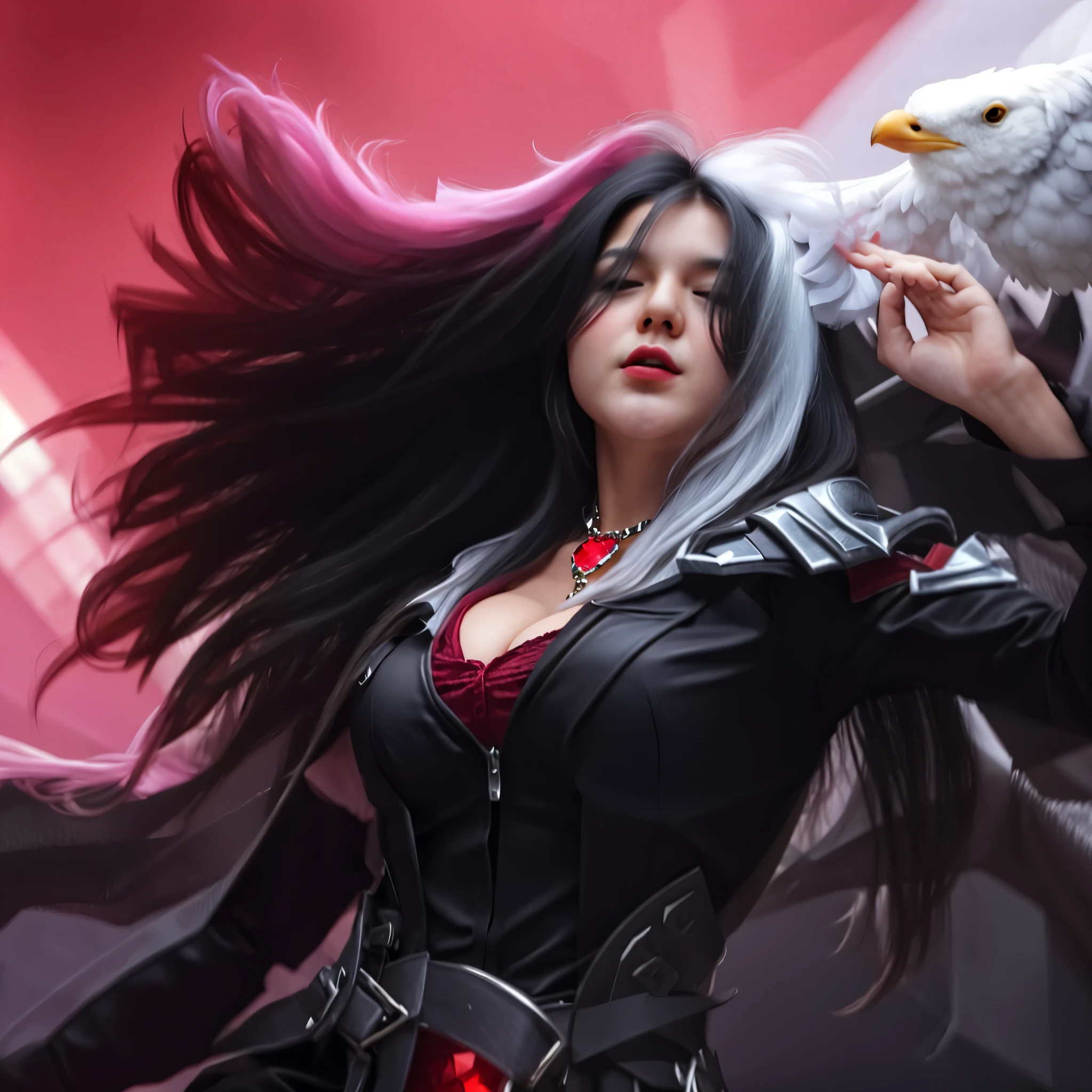 Make to hyper extremely realistic, Make Photo realistic, realistic photography, ( Masterpiece:1.37, Realistic:1.37, UHD, Ultra Highly Resolution, Ultra clean Quality, 14K, Ultra Highly detailed ), Mutant, a woman in a black outfit holding a white bird, Long black and white hair, half black and half white hair, detailed hair, detailed texture skin, Realistic face, Eye no exposed, black mask covers the eyes, eye unvisible, realistic black suit, red striped cleavage, Big breasts, Cleavage bulge, realistic latex suit texture, silver plated suit collar, Bird perched on hand, Silver necklace around the neck decorated with red gems ,black bird feather decoration in the hair, white bird giant feather decoration on the back of the suit, irelia, big silver belt decorated with red gems, trending artgerm, extremely detailed artgerm, irelia from league of legends, artgerm lau, style artgerm, artgerm detailed, ig model | artgerm, artgerm and ruan jia, artgerm art, katarina, Red white black fogs background, Realistic fig backgroud, Realistic lighting, realistic atmosphere, realistic shadow, realistuc reflection, perfect photo, expert photography.