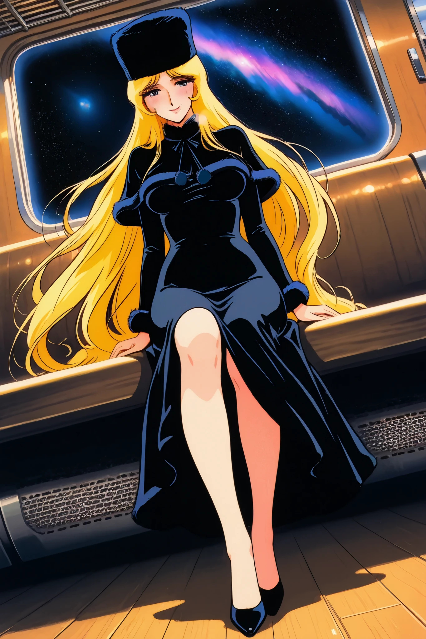 maetel,1 female,solo,
beautiful,mature woman,
blonde,flowing hair,long hair,blue eyes,
long eyelashes,large breast,nipple,
looking at viewer,dutch angle,

extreme close-up under the ,
low angle,

smile,blush,dependence,glad,I love you,
sweat,tearful eyes,white breath,
Incontinence,ecstasy,orgasm,climax,
feeling  pleasure,intense breathing,

black clothes（1.3）,fur hat,caplet,

beautiful legs,thin thighs,thin calves,
nallow waist,perfect face,beautiful skin,
anatomically correct,

top quality,great quality,masterpiece,
high definition,ultra-detailed,anime,
retro style,1980s,flat color,zPDXL,

space,indoor,wooden car,wooden seat,
wooden floor,old train,galaxy express 999