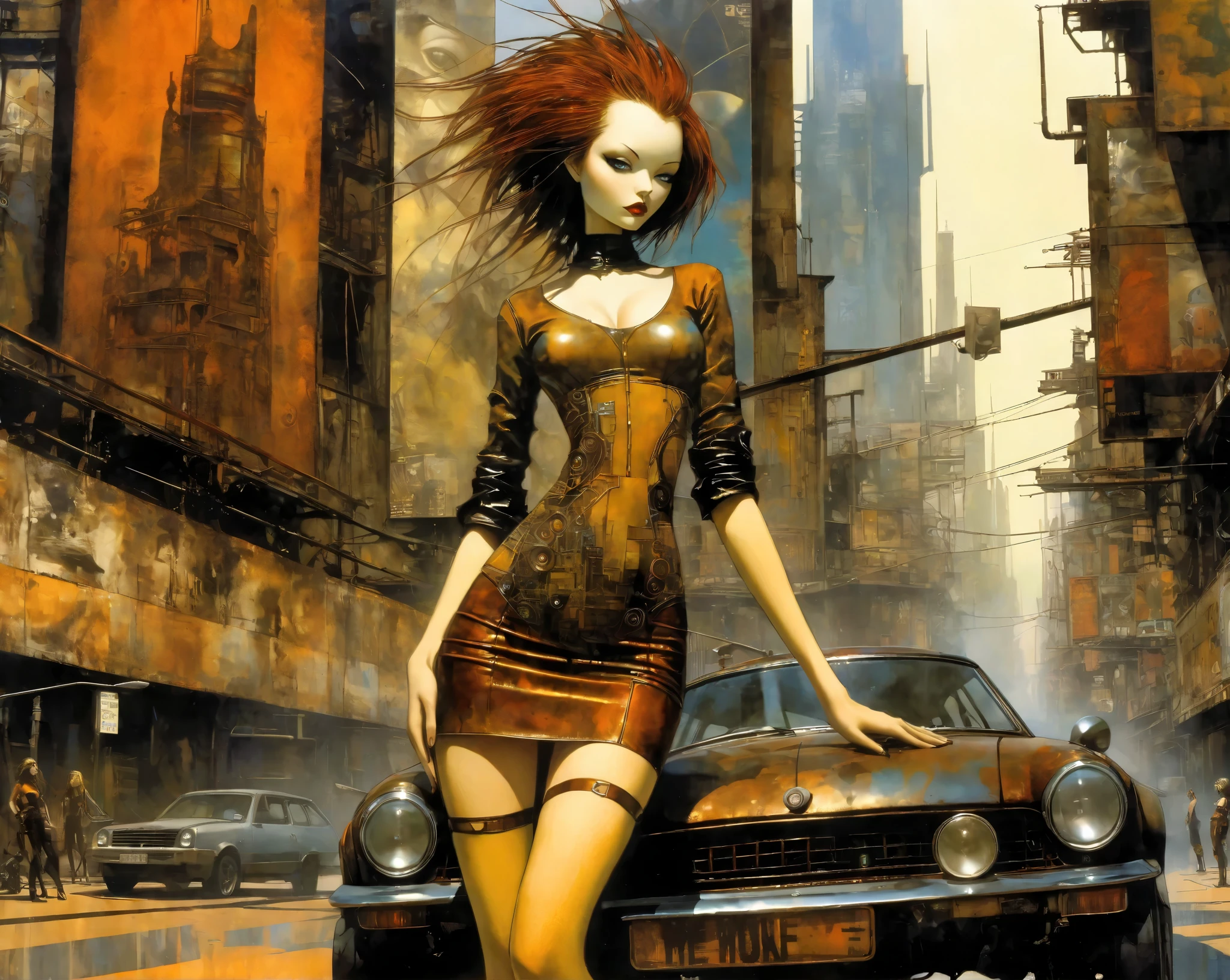  Future City  .1.5, Rust Metal City ,  Many details , car, building, Billboard,  Leather Mini Skirt and Very Tight Longline Blouse, ( Art Inspired by Dave Mckean ,  Intricate Details ,  Oil Painting )
