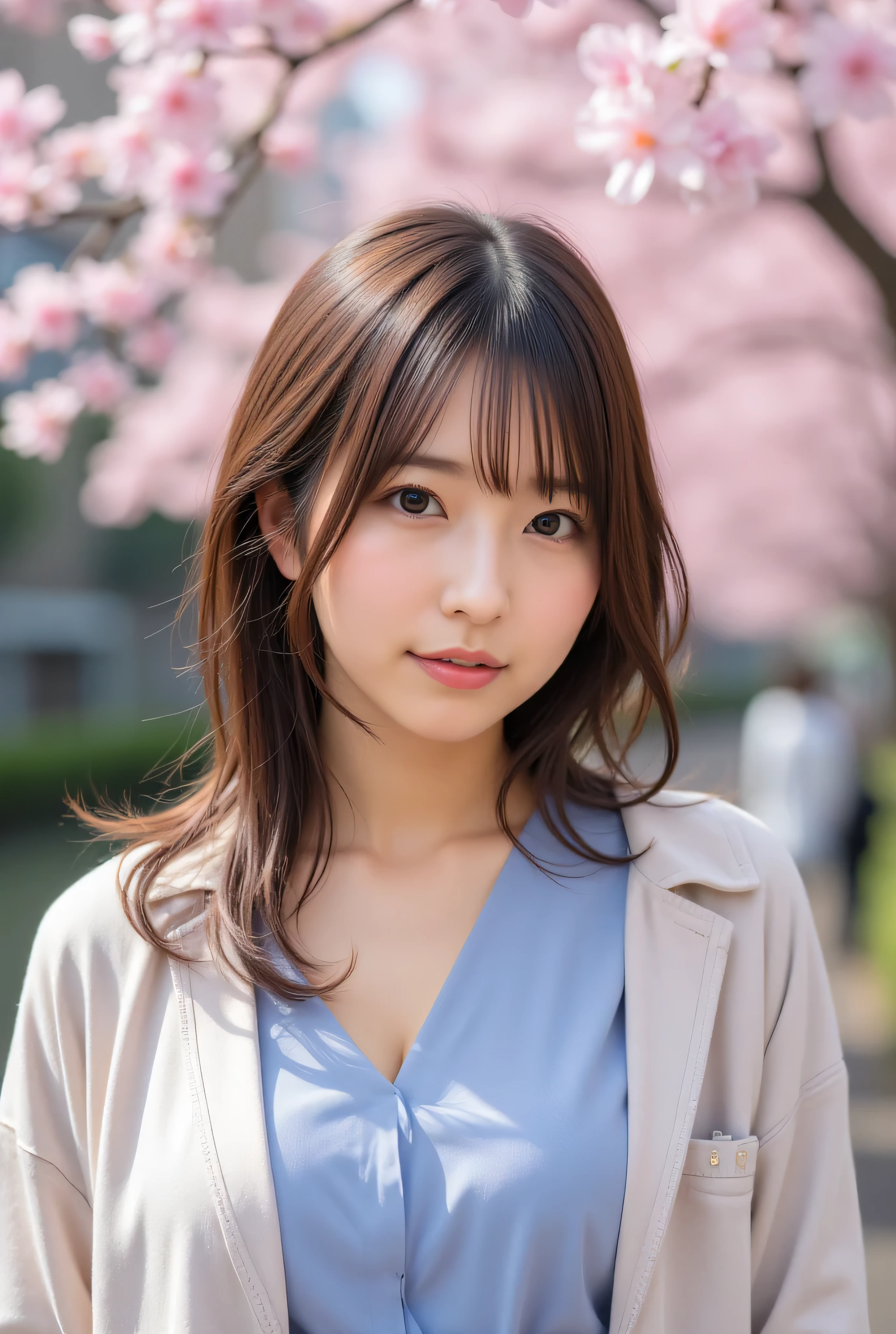 (super Realistic:1.3, Photo-realistic:1.5, RAW photo, selfie:1.3, cinematic lighting:1.3, light and shadow:1.4), (first-person-view), The perfect figure that everyone aspires to, (small smile:1.1), symmetrical eyes, Light Brown eyes, Double eyelids, Thin eyebrows, Thin lips, Glossy lips, moist eyes, fair skin, Thin legs, long legs, Thin feet, (super Detailed skin:1.2), (super Detailed hair texture:1.2), firm skin, (realistic skin:1.2), (small shiny necklace and earings:1.2), (super Detailed eyes:1.2), (cute makeup:1.3), (beauty face:1.3), (looking up with a gaze:1.2), 
BREAK 
(1girl, 20yo), ((Super detailed beautiful large breasts, natural D-cup breasts):1.3), (Emphasized the shape of the breasts:1.2, firm breast, nicely shaped breasts), ((Layered hairstyle:1.5, long hair:1.3, side-swept bangs:1.3)),  

(spring date fashion), ((Midi-length skirt with slits, pale blue or lavender, V-neck blouse (open neckline), short cardigan, heeled sandals):1.3), high-detailed fabric texture, high-quality spring trendy fashion, 

((Enjoy tea time while watching the cherry blossoms at a cafe along the Meguro River in Japan)), (Meguro River in Tokyo, lined with fully bloomed cherry blossom trees, their delicate pink petals forming a stunning canopy over the water, the petals gently falling into the river, creating a picturesque pink carpet on the surface, traditional Japanese lanterns hanging along the riverbanks, warm evening lights reflecting on the water, a serene and romantic spring atmosphere, captured in high resolution, Approximately 800 cherry blossom trees line the riverside, and the area is beautifully lit up at night. There are also plenty of cafes and restaurants.), long shot, 