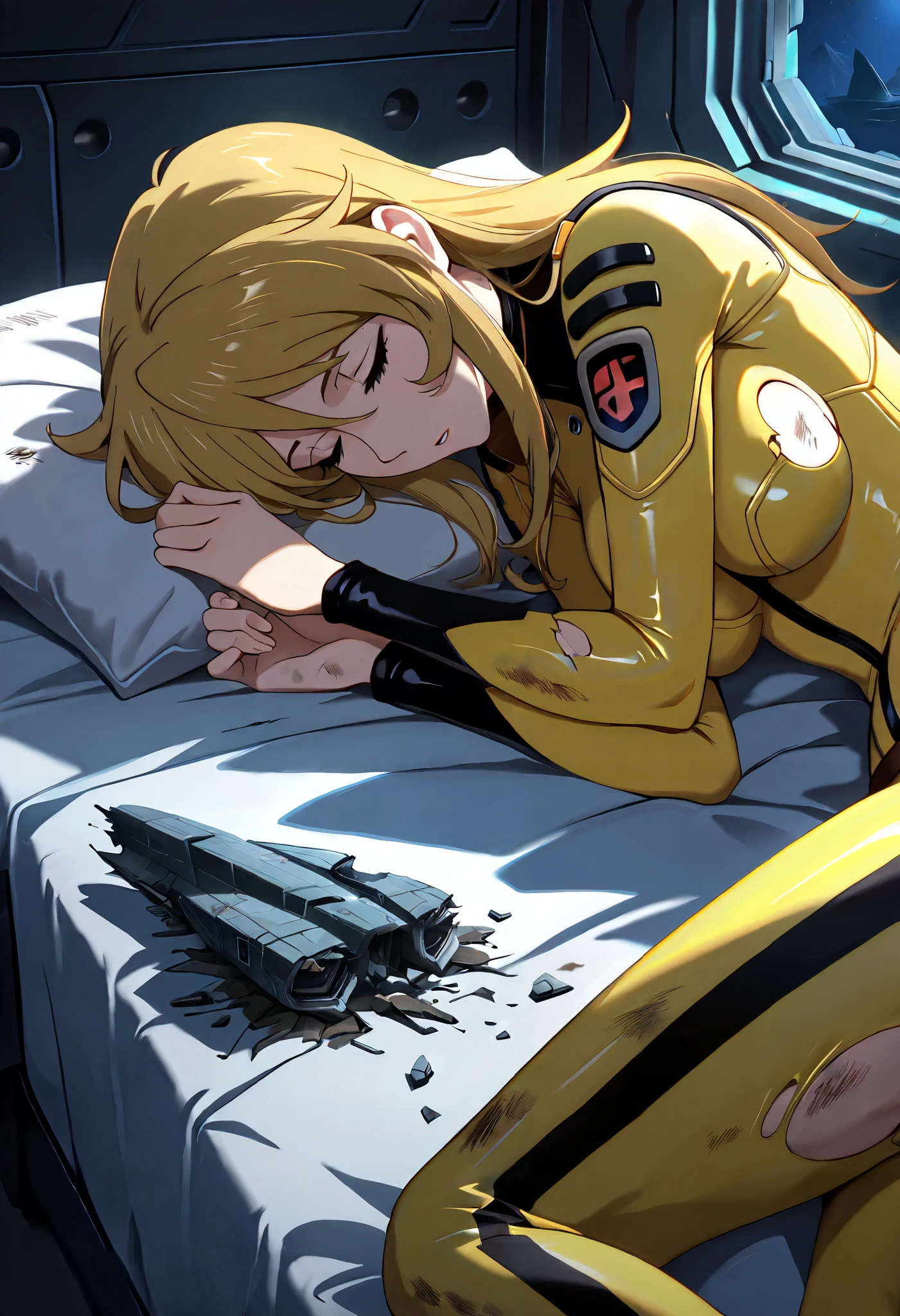 (masterpiece, best quality), , 1girl, fyuk1, solo, mori yuki, blonde hair, closed eyes, long hair, yellow_bodysuit, torn, dirty, a troubled face, parted lips, looking away,head down, broken spacecraft, bedroom,  lying on bed, sleeping,  on side  , weakly, stumble , night, dark lighting,