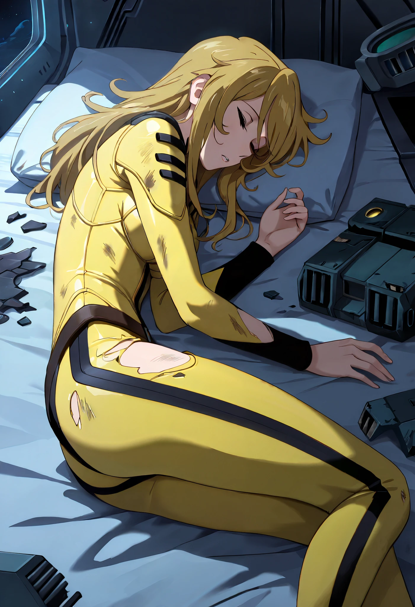 (masterpiece, best quality), , 1girl, fyuk1, solo, mori yuki, blonde hair, closed eyes, long hair, yellow_bodysuit, torn, dirty, a troubled face, parted lips, looking away,head down, broken spacecraft, bedroom, lying on bed, sleeping, on side , weakly, stumble , night, dark lighting,