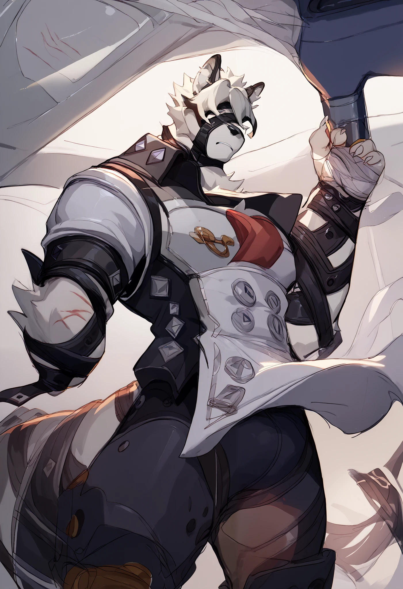Best Quality , masterpiece, muscular, is unique, deTailed pupils, only, Wolf, black fur , Narrow waist, male focus , muscular, mature, furry, pectoralis major muscle, soft lighting , scar on face, scar across eye, scar, I, thick thighs , Tail, dynamic pose,, teeth, look at the audience, bandage, Mummy Costume, white hooded cape , hood up, wind, night, From below, white apron,
(sketch, plane color, sketch marks, Flat shadows:1.3), Emphasis Line, cover the robe , ( line art :1.1), BREAK Score_9_up,Score_8_up,Score_7_up,Score_6_up,Score_5_up,Score_4_up,
