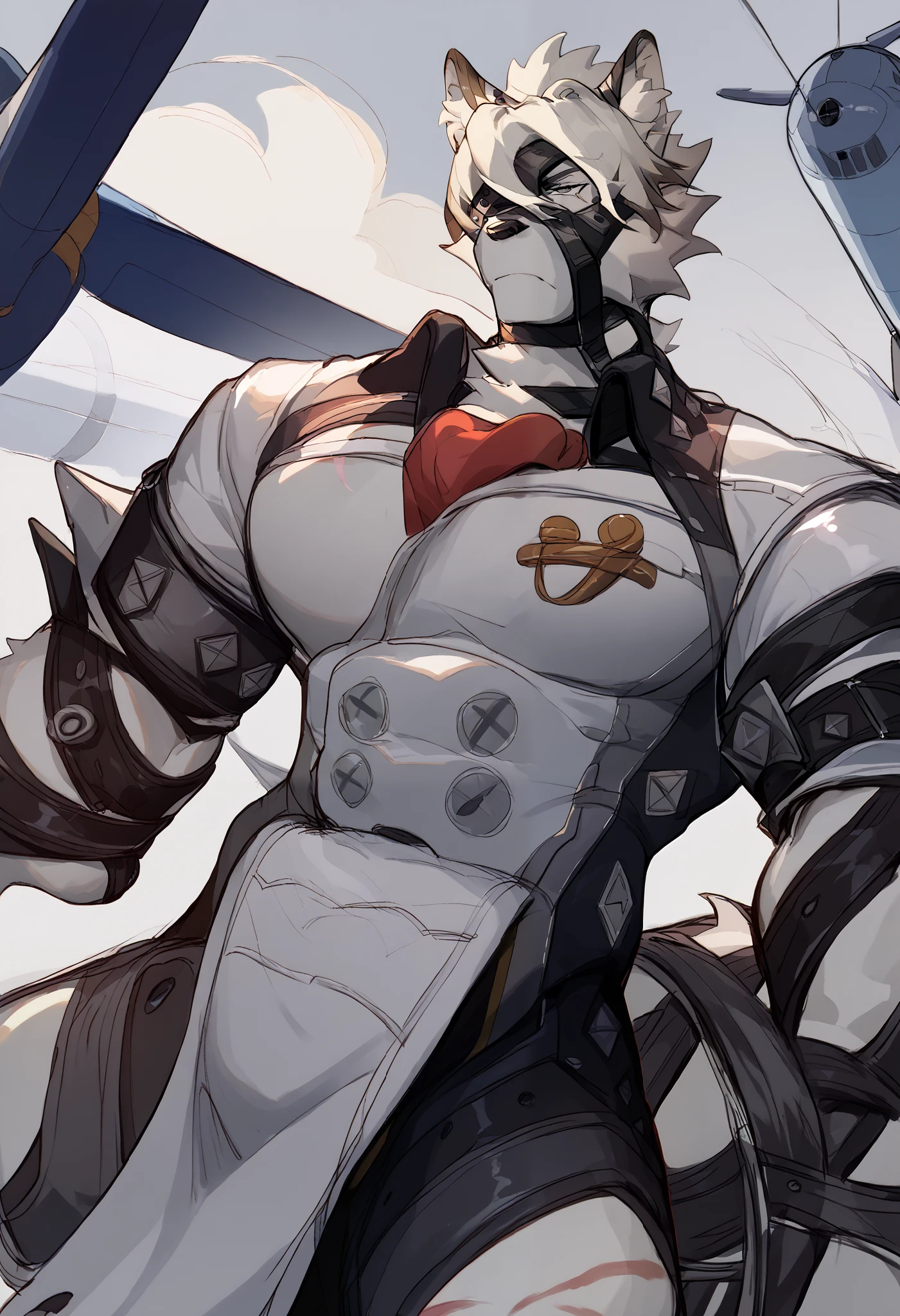   Best Quality ,  masterpiece,  muscular,  is unique, deTailed pupils,  only, Wolf,  black fur , Narrow waist,  male focus ,  muscular,  mature,  furry,  pectoralis major muscle, soft lighting , scar on face, scar across eye, scar, I,   thick thighs  , Tail,  dynamic pose,, teeth,  look at the audience, bandage,  Mummy Costume,  white hooded cape , hood up, wind, night, From below,  white apron,
(sketch,  plane color, sketch marks, Flat shadows:1.3), Emphasis Line,  cover the robe , ( line art :1.1), BREAK Score_9_up,Score_8_up,Score_7_up,Score_6_up,Score_5_up,Score_4_up,
