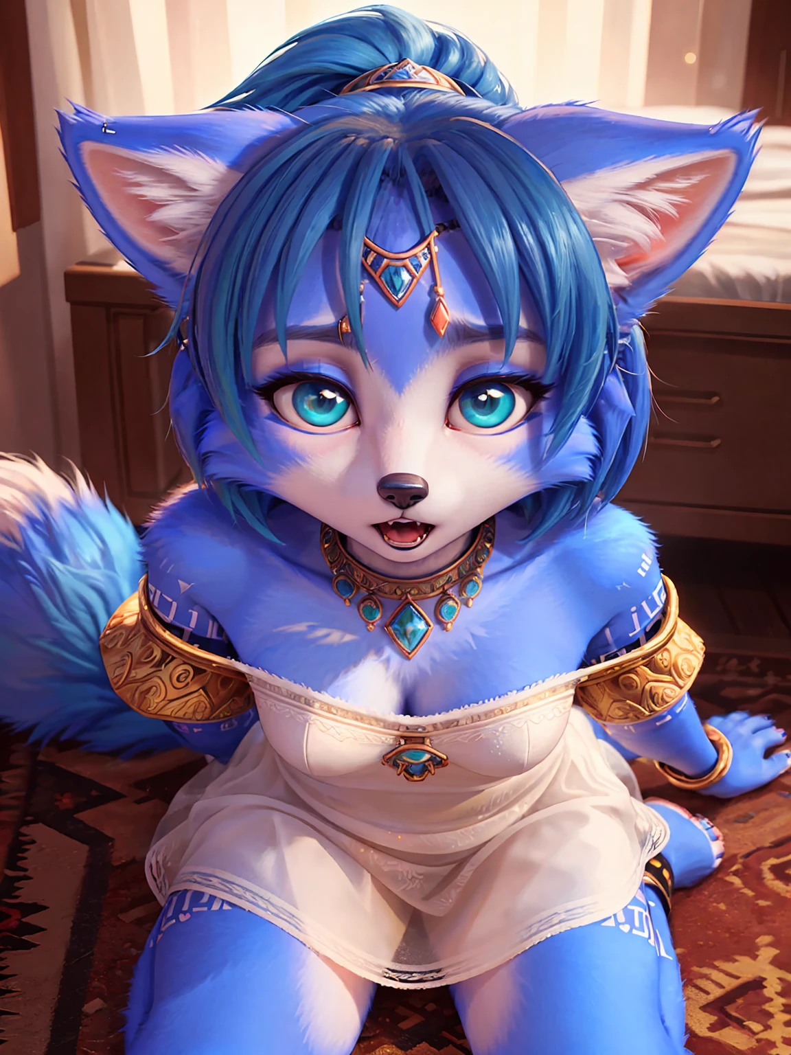 A beautiful and detailed (sweet portrait) of ((Krystal)), Star Fox Krystal, green eyes, medium breasts, (((Long blue hair 1.3))), anthro, furry, detailed fluffy fur, detailed face, (fluffy), 1 girl, alone, sweet girl, hair cover one eye:1.4, standing hoch straight, big happy smile, giving you a thumbs hoch, other hand on hip, c choch sized chest, (wears a blue magician's robe with golden decorations:1.4)