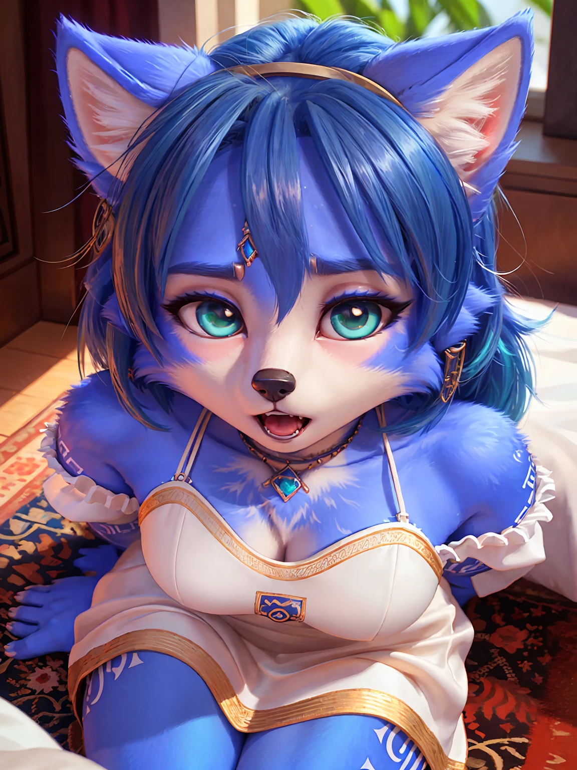 Io, blue eyes, wolf ears, wolf tail, very long light blue hair, twin,, lips, facial marking, standing, upper body, huge nude tits, cleavage, separated sleeves, smile, moonlight,grass,lake, (incredibly detailed, beautiful detailed face, beautiful detailed eyes, masterpiece, best quality), cum semen cream massive brillant body, pennis cowgirl position