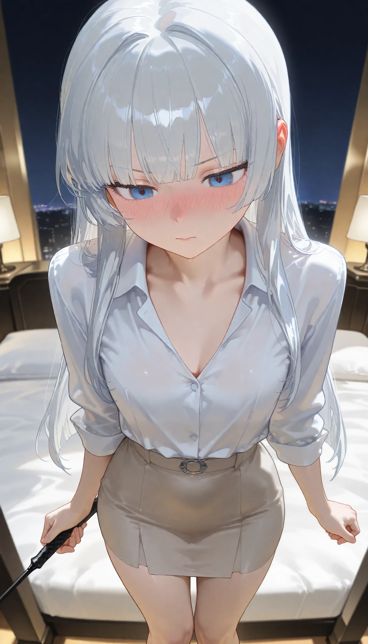 (Best quality,4K,8K,High resolution,Masterpiece:1.2),Super detailed,(Actual, Realistic),
break,
((Beautiful clear blue eyes:1.2)),very kind eyes,eyes wide open,beautiful eyelashes,beautiful lower eyelashes,
break,
((Beautiful and shiny silver hair:1.3)),very embarrassing look,blush,
break,
dress shirt, beautiful pleated skirt with plaid pattern,bedroom,
break,
((undressing panties:1.3))