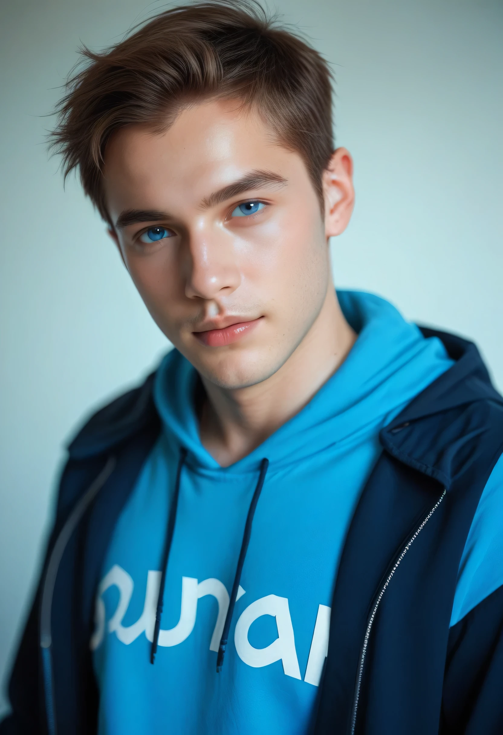 A man from the front, high quality, realistic, ultra realistic, wearing a long sleeved blue shirt with black details, hooded, bright blue eyes, with effects, dj  