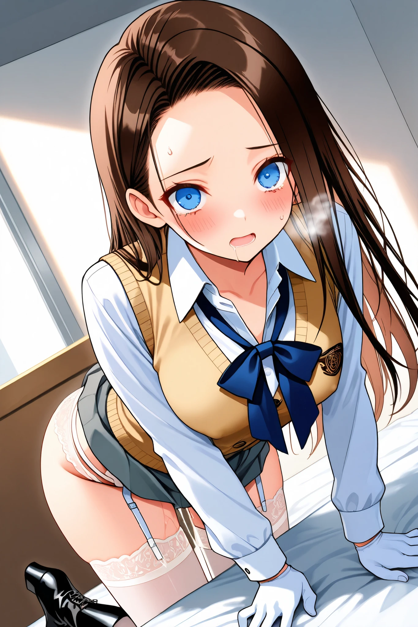 ((highest quality, 8k, masterpiece:1.3, Realistic:1.3)), {{Lying in bed, From above, dakimakura}}, Japanese , Single woman,  very light brown hair, With bangs, (Japanese Uniform, socks, Thick thighs,Save the song on the cotton side), Highly detailed face and skin texture, Beautiful Eyes, Lip details, You&#39;re very good at drawing hair, Facing the children, In the heat, Embarrassed look, Natural Makeup:1.0,Skirt Lift,(Wearing light grey side string full back high leg thongs（No ribbon）)、（From the back）、SKIRTLIFT、Tight ass、