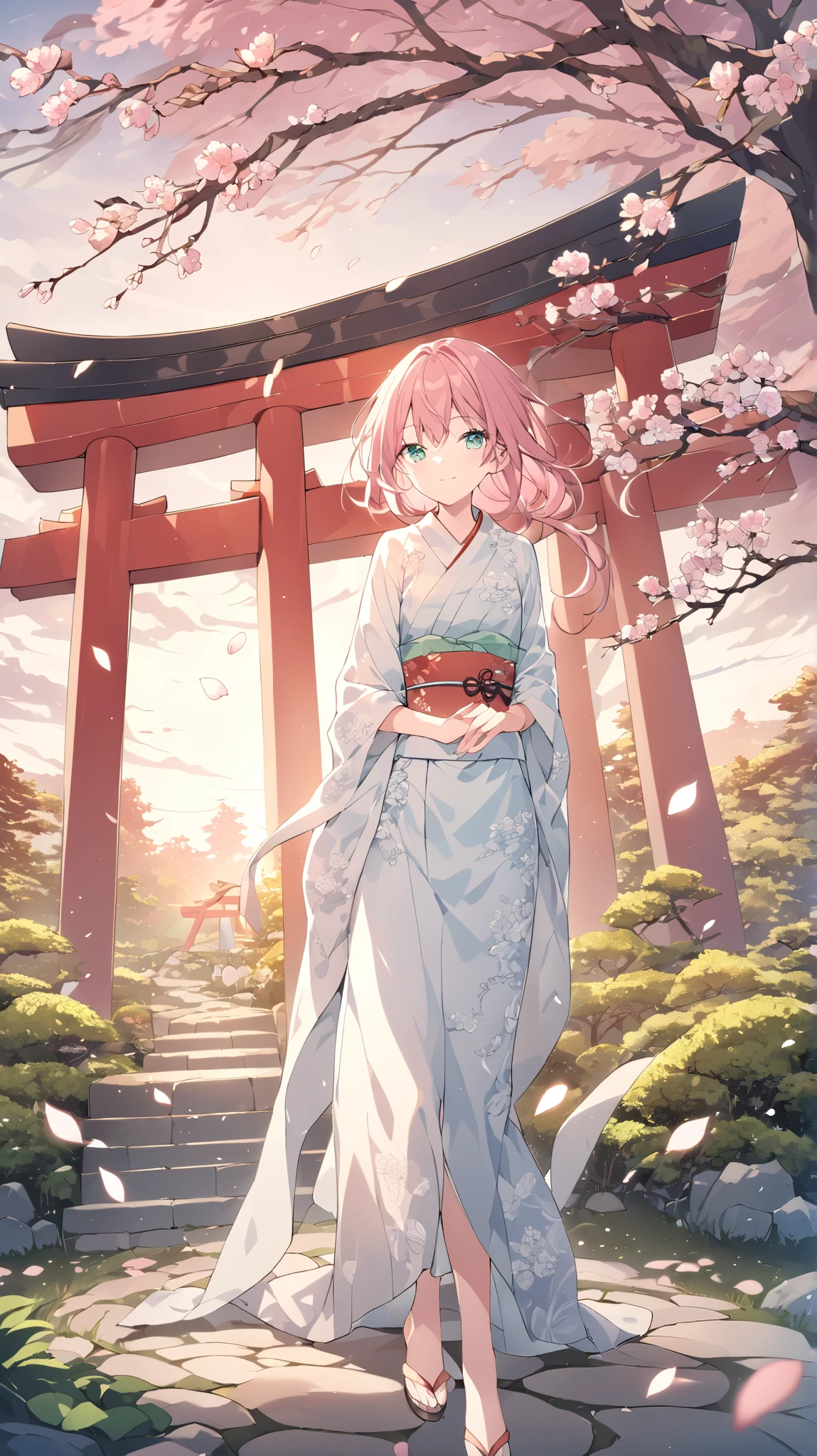 A stunning anime-style female character with long, flowing, vibrant pink hair, striking emerald eyes, and a serene expression relaxes in front of a traditional Japanese shrine at dusk. She's adorned in an elegant, soft pastel-colored kimono, featuring intricate floral patterns and delicate embroidery. The tranquil scene is bathed in the warm glow of the setting sun, highlighting the shrine's wooden torii gate and stone path. Cherry blossom petals, in shades of soft pink and white, swirl and scatter intensely in the wind, creating a vibrant, ethereal ambiance. As twilight deepens, she gracefully dances in the soft light, a fan held delicately in her left hand, the intricate patterns and colors reflected in the cherry blossom swirl in a dreamy, elegant style of anime.