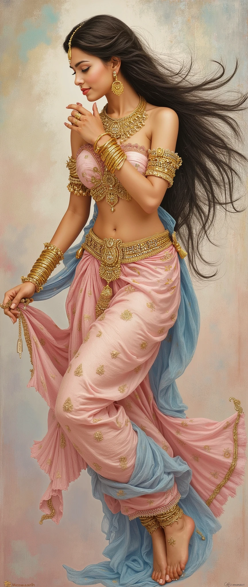 A detailed painting of a woman, apsara, adorned in traditional attire. she is floating in the air, She is depicted in a graceful pose, with one arm gracefully raised and the other delicately touching her face. Her attire is richly decorated with gold jewelry, including a maang tikka on her forehead, earrings, and a draped garment in shades of pink and blue. The background is a blend of soft pastel colors, creating a dreamy atmosphere. The style of the painting is reminiscent of classical Indian art, with meticulous attention to detail and a harmonious color palette