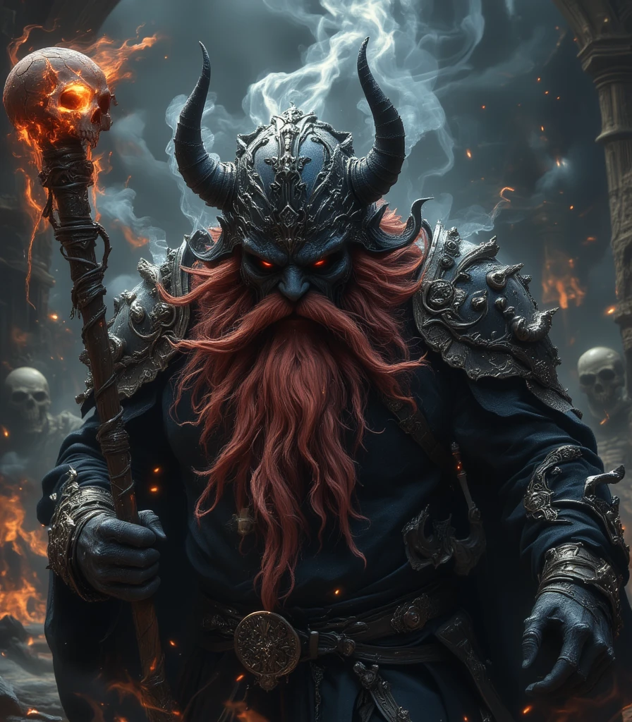 (ultra high quality) (4k) (perfect details) A Monster with a pumpkin head sitting on a throne, he is surrounded by fog and is on top of a fabulous castle, the castle shines like the stars and has an orange color, he has an orange staff that has so much power, that only he is capable of holding it