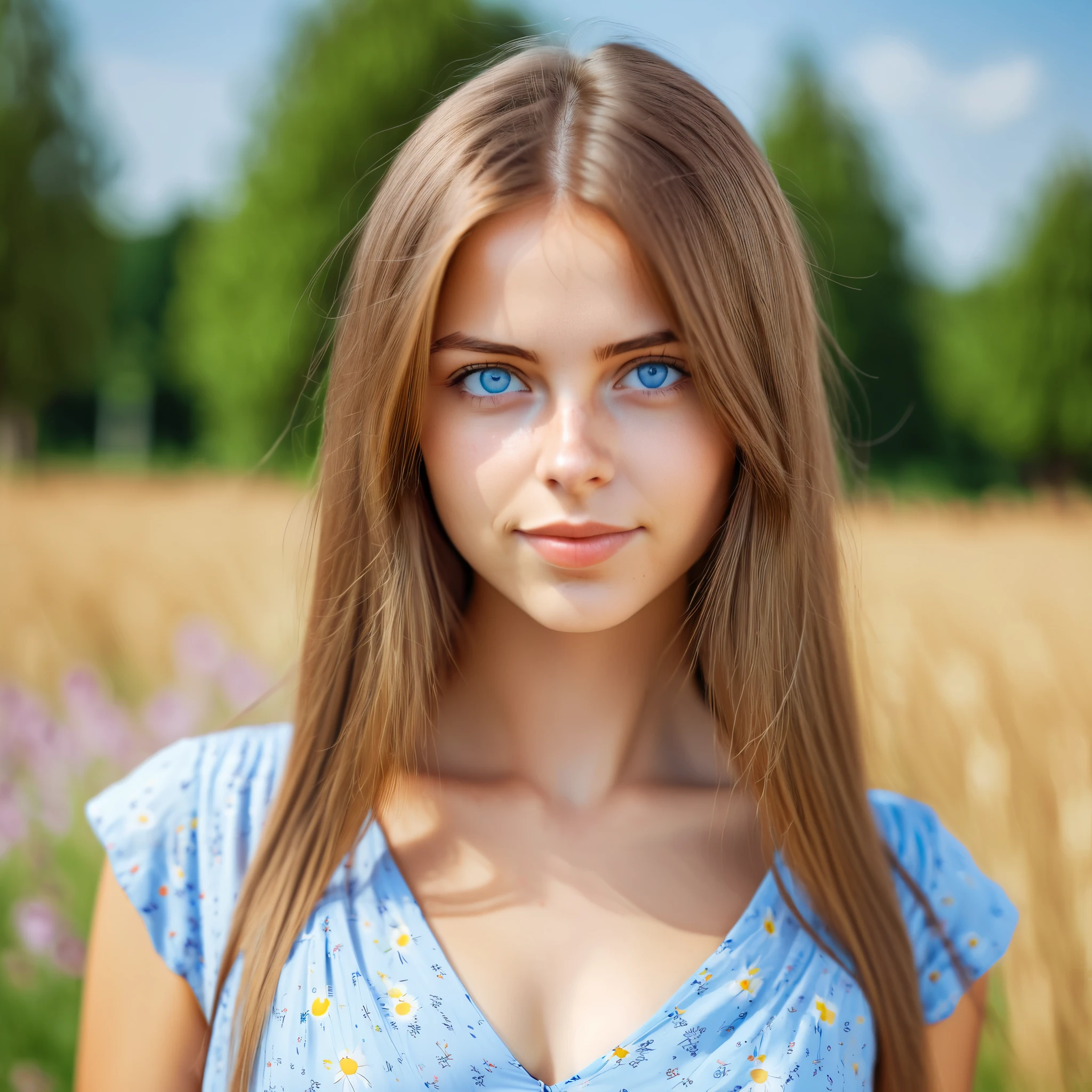 beautiful woman european,  25 years old, light blue eyes,  light brown hair, Sultern straight, Focus on V-neck and face,  Chest size B , summer dress