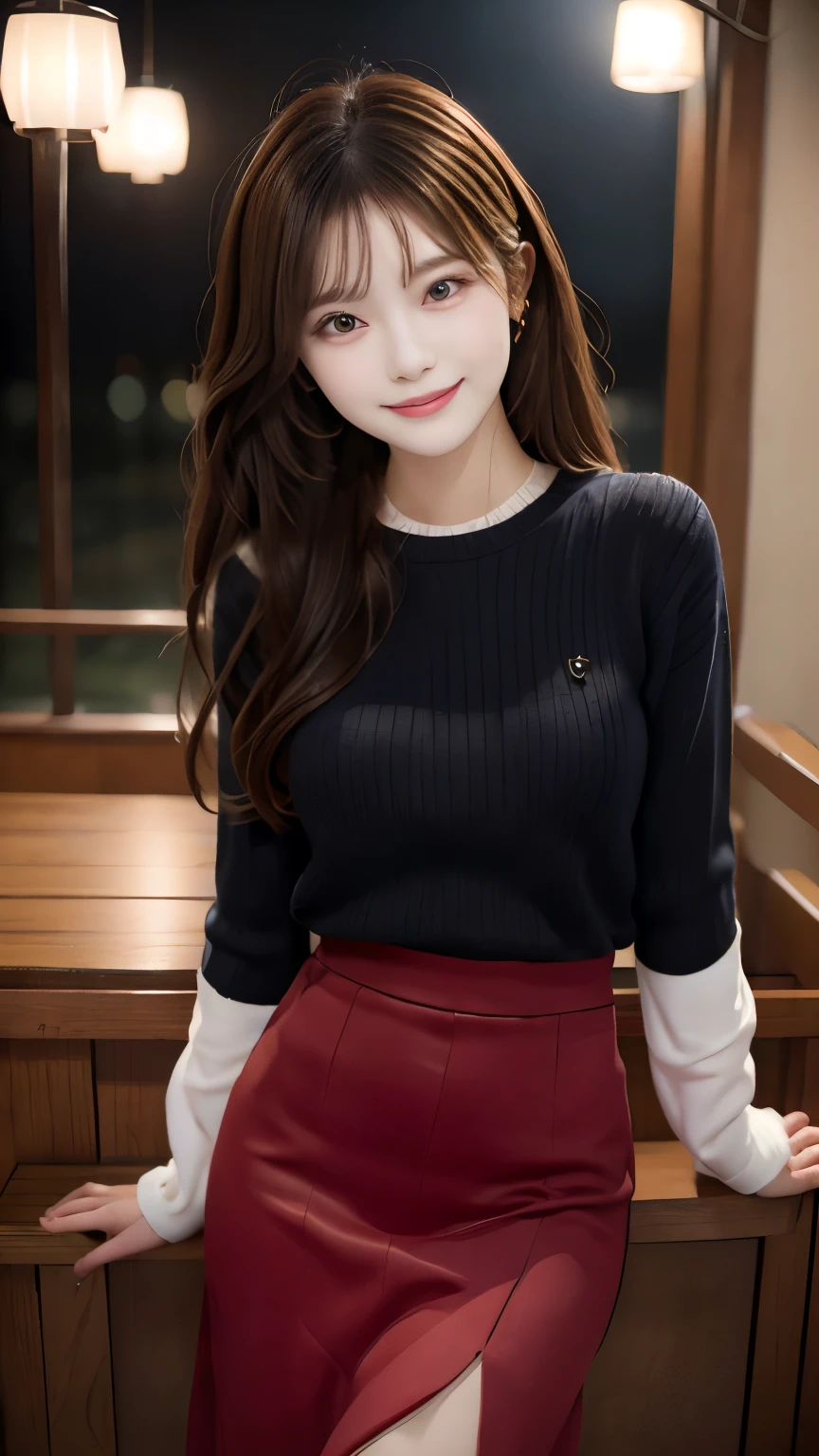 Beautiful 20 year old woman with small breasts, Japanese,One Woman,Beautiful, perfect and detailed face, Little red lips,Smiling innocently, , Fine eyes and lips, Long eyelashes, Realistic, Very detailed,checked midi skirt,Turtleneck sweater,Ankle boots,8K, masterpiece,In the background, people are reading books in the library