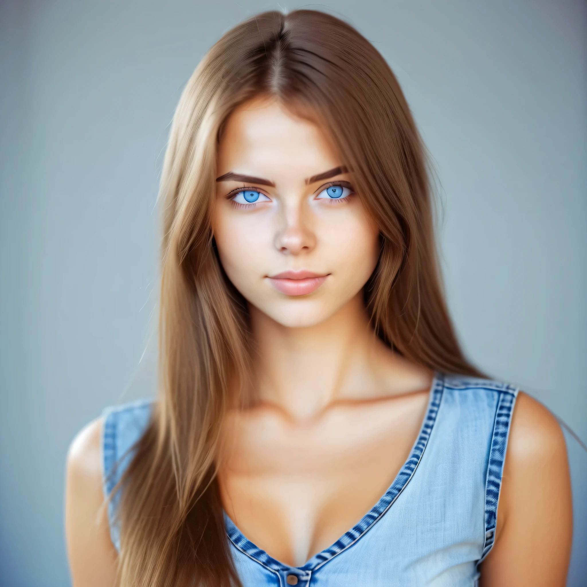 beautiful woman european,  25 years old,  blue eyes,  light brown hair, Sultern straight, Focus on V-neck and face,  Chest size B , denim clothing