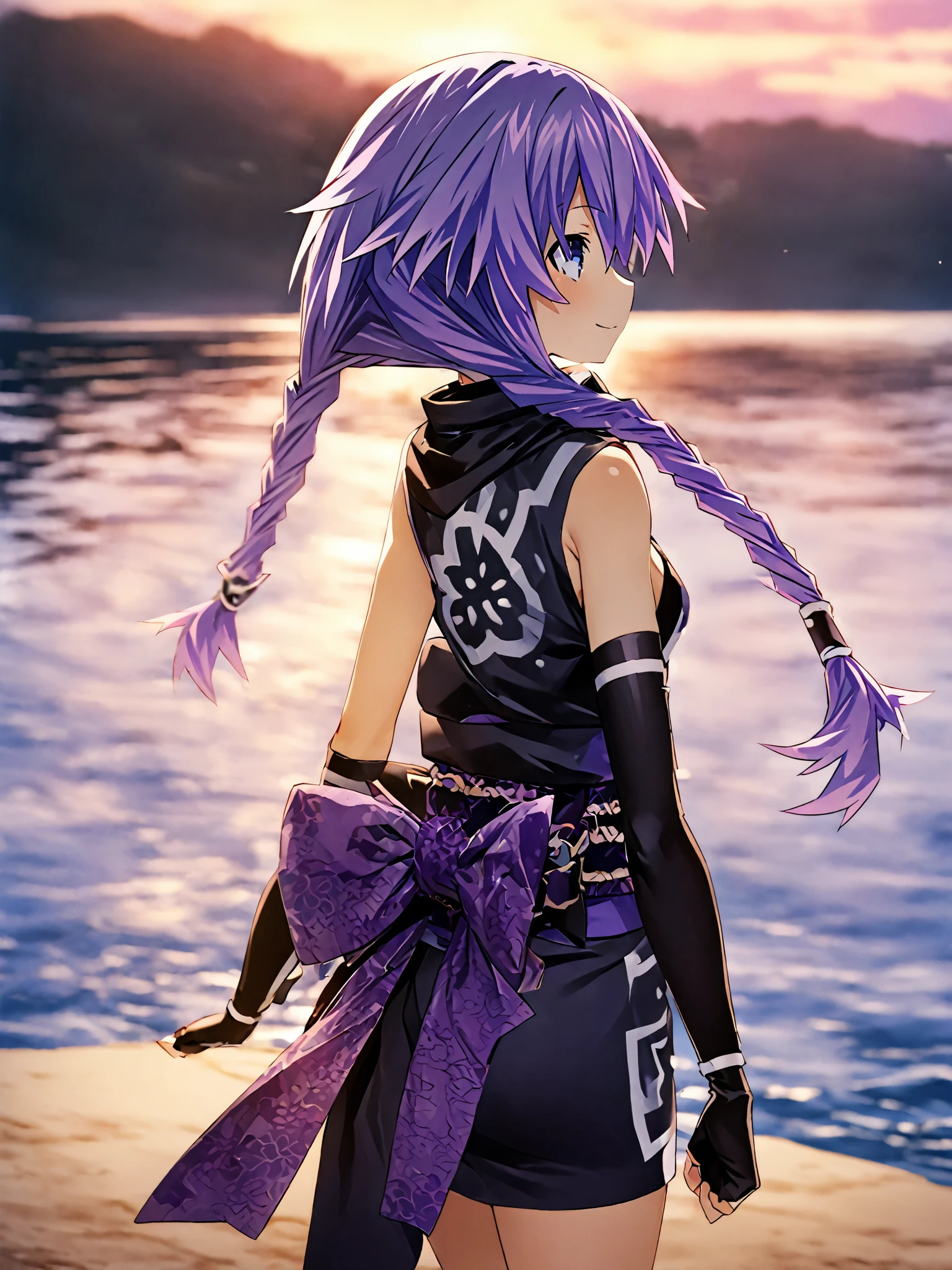 Neptunia dressed as a ninja with long purple hair and pigtails. Walking by the water, backwards, contemplating the sunrise , high resolution, masterpiece, smiling