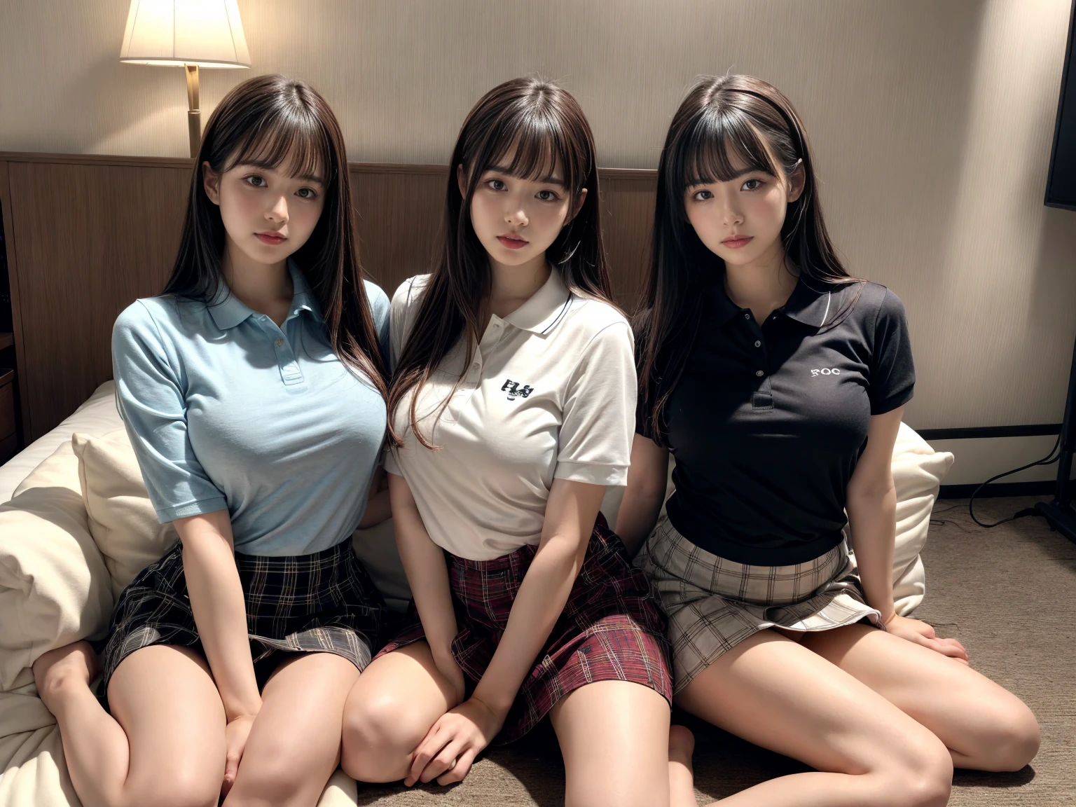 masterpiece, best quality, illustration, Super detailed, fine details, High resolution, 8K,wall paper, perfect dynamic composition,(Details High quality, realistic depiction of eyes:1.3), (2 girls), holster, bobby, Cutter shirt, a belt, suspenders, pleated skirt, garterbelts, knee high Stockings, sitting, open legs, short bob hair, in a hotel room in the background, deep on field, large breasts, black hair color, Big Natural Color Lip, (perfect body shape), crying a little、Harajuku style、20 year old girl、cute type、beautiful legs, Gravure Idol