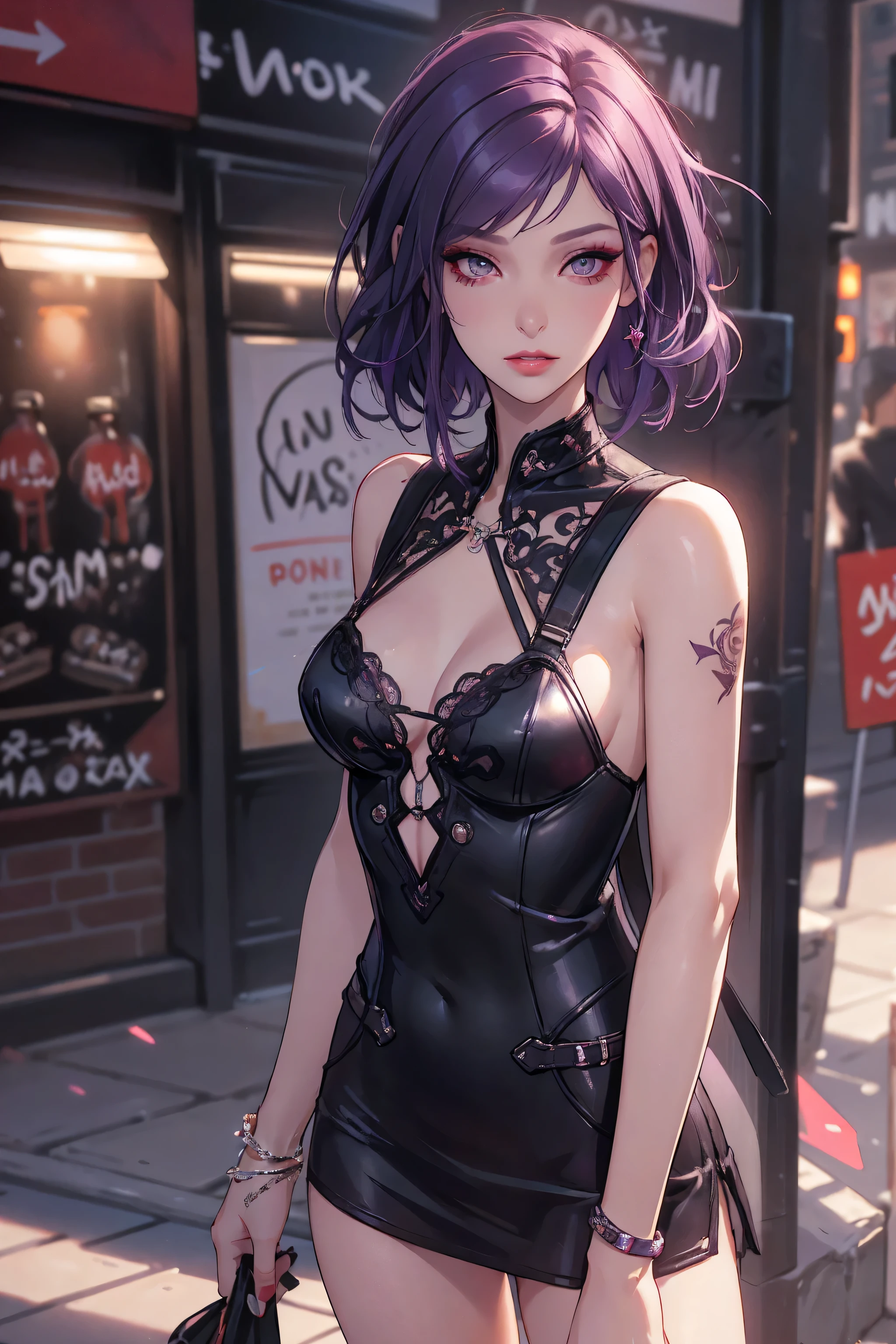 1girl,a beautiful fashion model ,(masterpiece, detailed background, best quality), short and shiny hair, dark purple hair,smirk,juicy lips,red lips, slutty street clothes, stripping, elegant makeup, exhibitionism, chloe price, alt girl, black tattoos