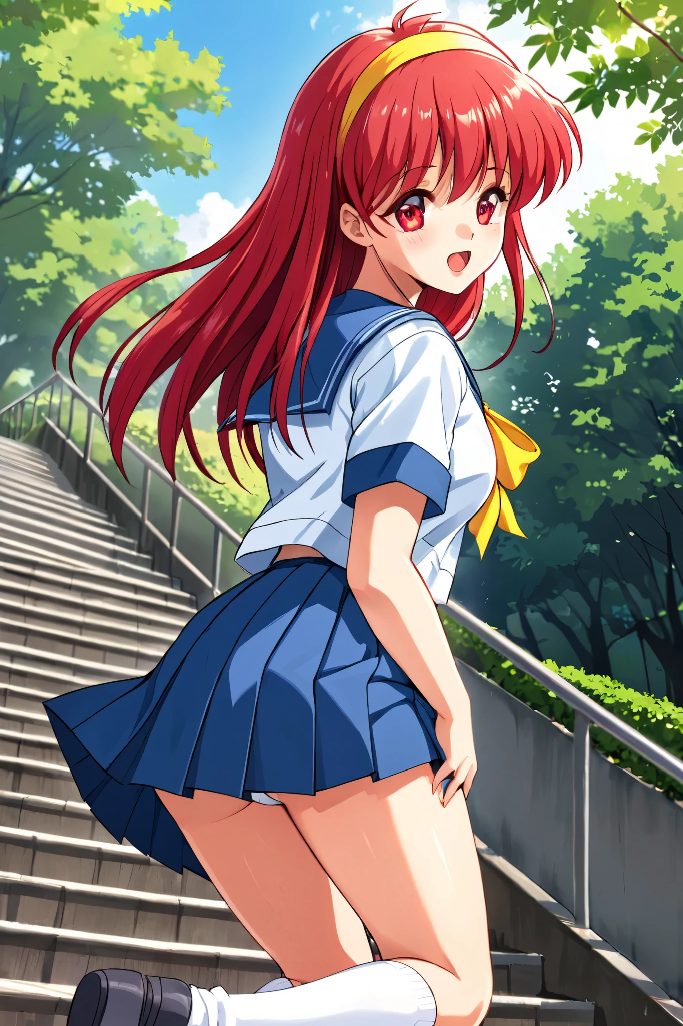 iFujisakiShiori, long hair, Yellow hairband, red hair, red eyes, Busty,  1girl ,eyebrous visible through hair,lauge breasts,Short sleeve,looking at viewer,open mouth, Alone, serafuku,school uniform, pleated skirt,Stairs in the parkを上る, Stairs in the park,Outdoors, white socks,Light blue uniform, low angle shot, look back , Panchira, panties, Yellow Ribbon , viewers are watching The Man with the Big Penis, dyes her cheeks