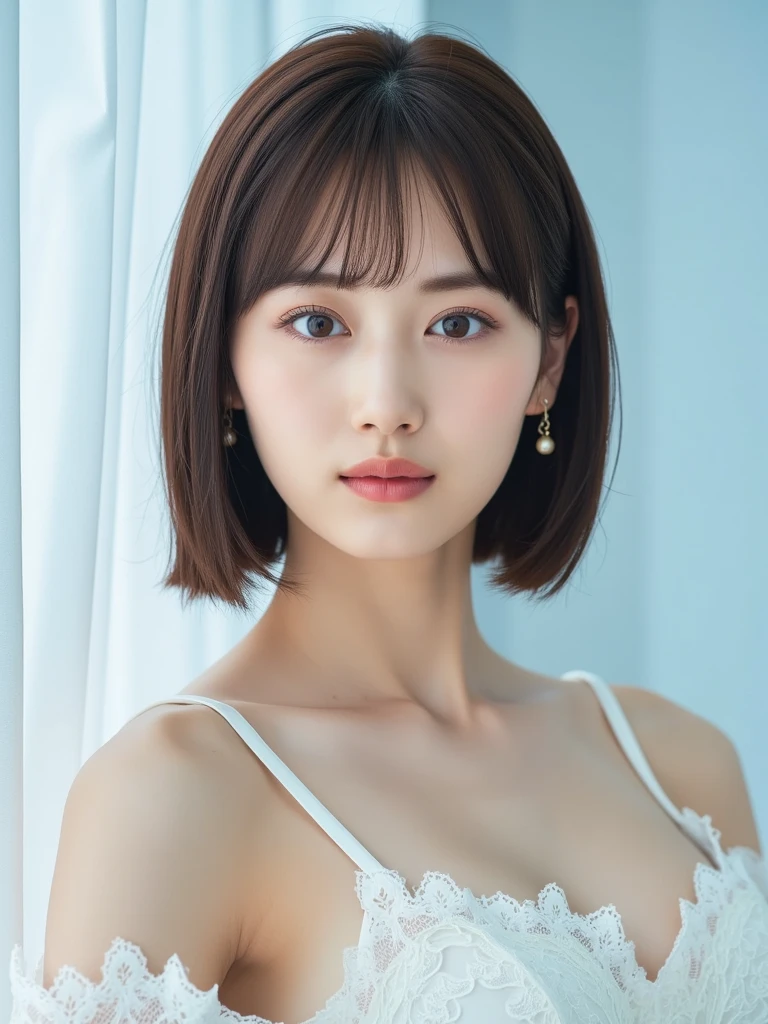 feminine makeup, ((Feminine long hair, Brown hair color, oblique bangs: 1.5)), Feminine off-shoulder blouse