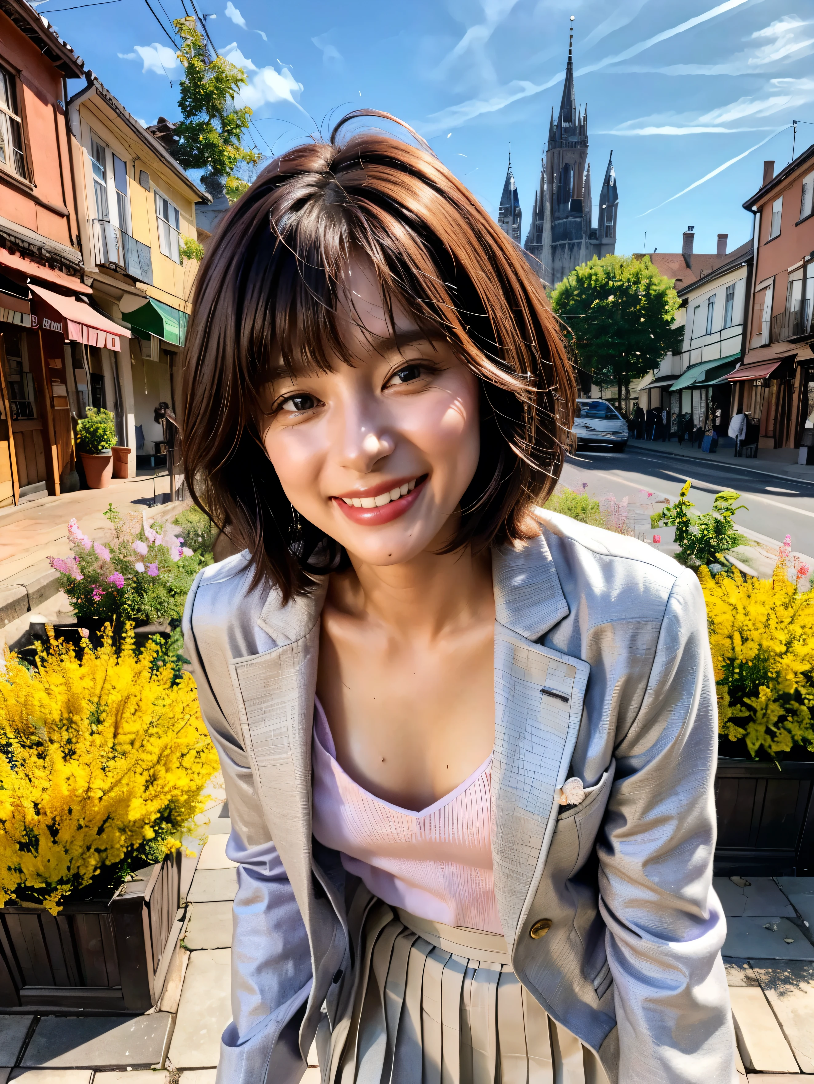 (The 8k quality, Ultra-high-resolution quality, Ultra high definition, Photorealistic, Best Quality):1.5, (masterpiece):1.4,
(camera angle from front view):3.0,
(in the beautiful European street with spring flowers):4.0,
(depiction of taking a walk while singing):5.0,
(beautifully shaped bewitching woman):10.0,
((naked light purple tailored jacket with no wearing bra), (no bra), (white long pleated skirt)):20.0,
(singing face, smiling, flushed cheeks, medium build, medium height, (exposed small breasts)):3.5, (center parted bangs, short length hair, black color hair):6.0,