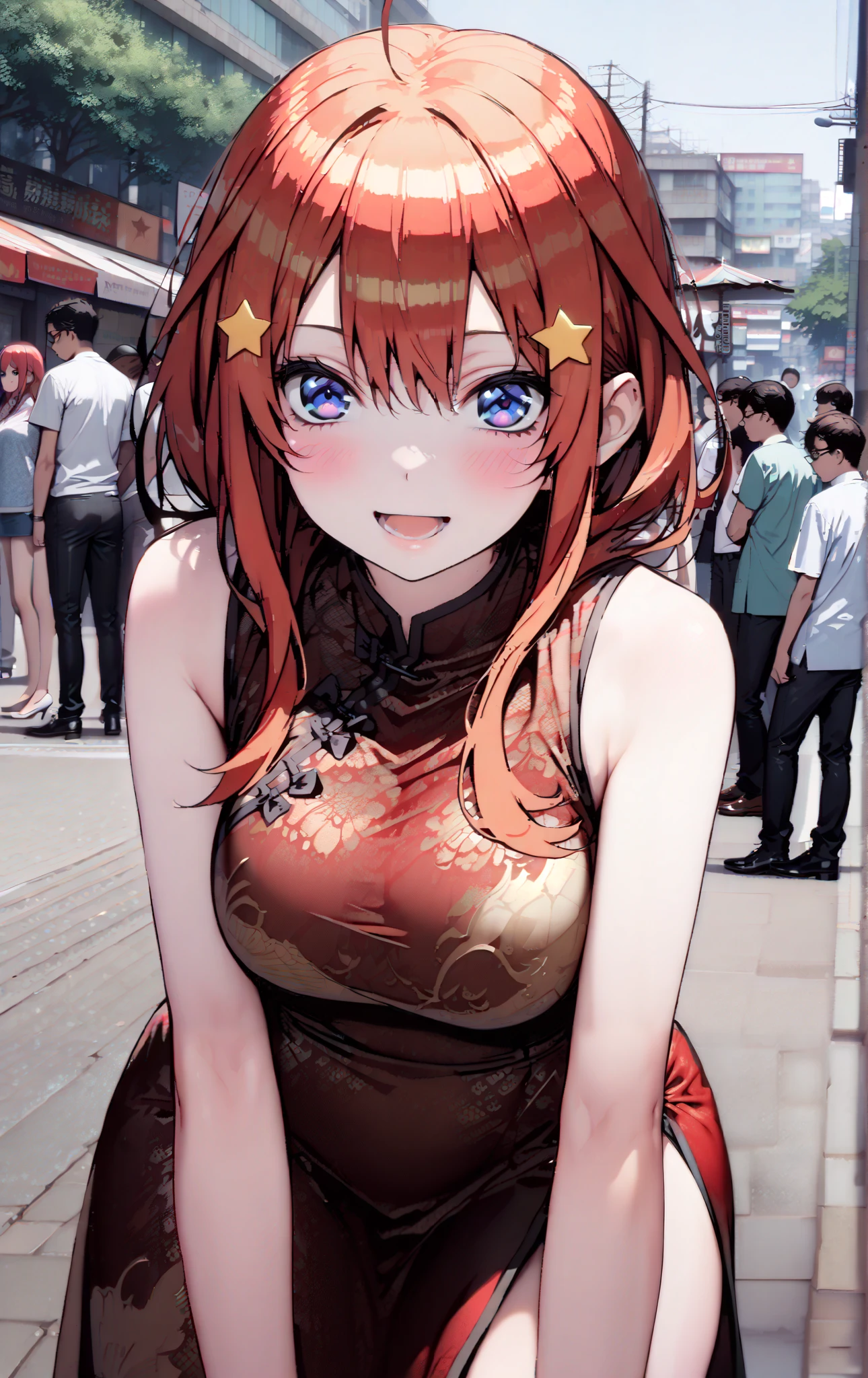 Nakano Mizuki , long hair, blue eyes, hair ornament, red hair, hair bun , star ( symbol ), Lick the boy's penis with half-framed glasses , glasses under the rim, star hair ornament, smile,blush, open the mouth,sleeveless red china clothes,Big Breasts,Long slit,Bare legs, pin heels, standing,noon,Holding a stack of papers in both arms, sign,crowd,whole bodyがイラストに入るように,
break outdoors, downtown,
break looking at viewer,whole body,
break ( Masterpiece:1.2), top quality , kampala, Unity 8k Wallpaper,(shape:0.8),( fine, beautiful eyes :1.6),It's a person ,whole body写真,CG Details , ( perfect hands, Complete Anatomy),